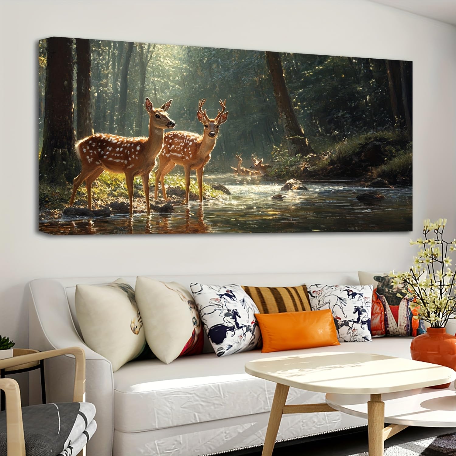 GKRXNZC Serene Deer in Forest Scene Canvas Wall Art, Modern Living Room & Dining Room, Office Decor, Landscape on Durable Canvas(50x100cm/No frame)