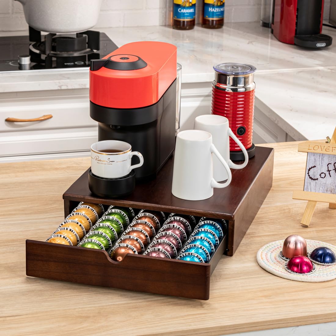 FlagShip Uchwyt na kapsułki Nespresso, Vertuo, szuflada, do przechowywania kapsułek Vertuo z elegancką drewnianą ramą, pojemność 50 kapsułek