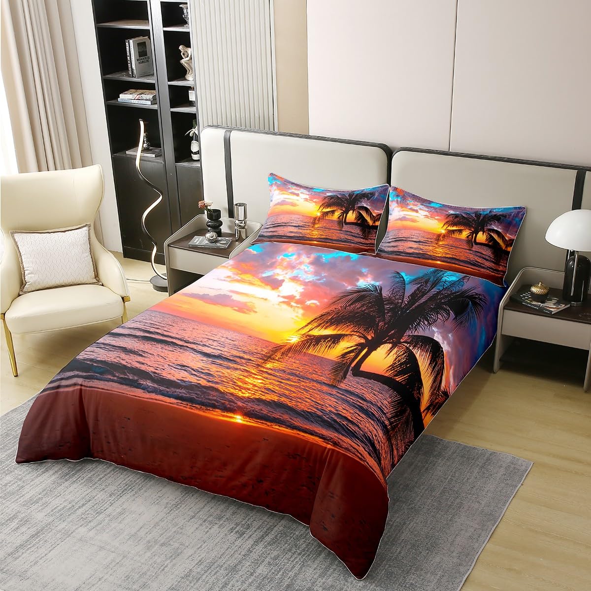 Homewish - Funda nórdica de 140 x 200 cm, diseño de palmera, juego de cama de playa oceánica, juego de cama para atardecer Hawái y hojas tropicales, funda nórdica de onda de mar costera (100% algodón)