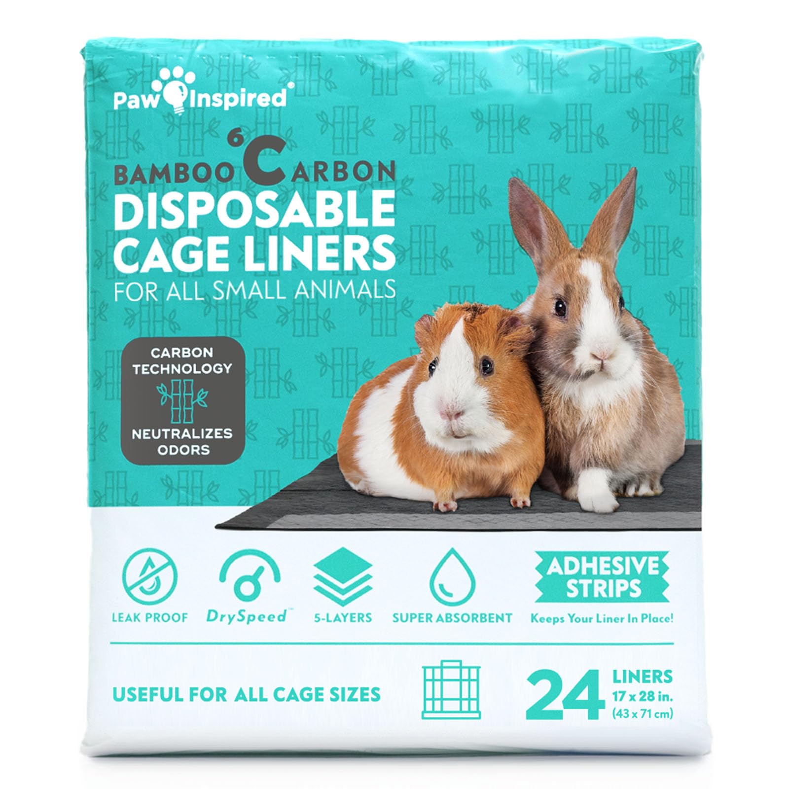 Paw Inspired Black Disposable Guinea Pig Cage Liners | Bamboo Charcoal Odor Controlling | Super Absorbent Liners Pee Pads For Ferrets, Rabbits, Hamsters, And Small Animals (28" X 17" (C&C 2 X 1), 24 Count)