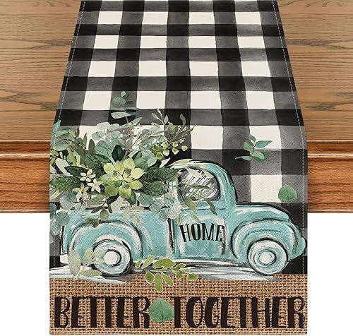 Artoid Mode Buffalo - Camino de mesa de primavera de eucalipto a cuadros, decoración de mesa de comedor de cocina de temporada de verano para