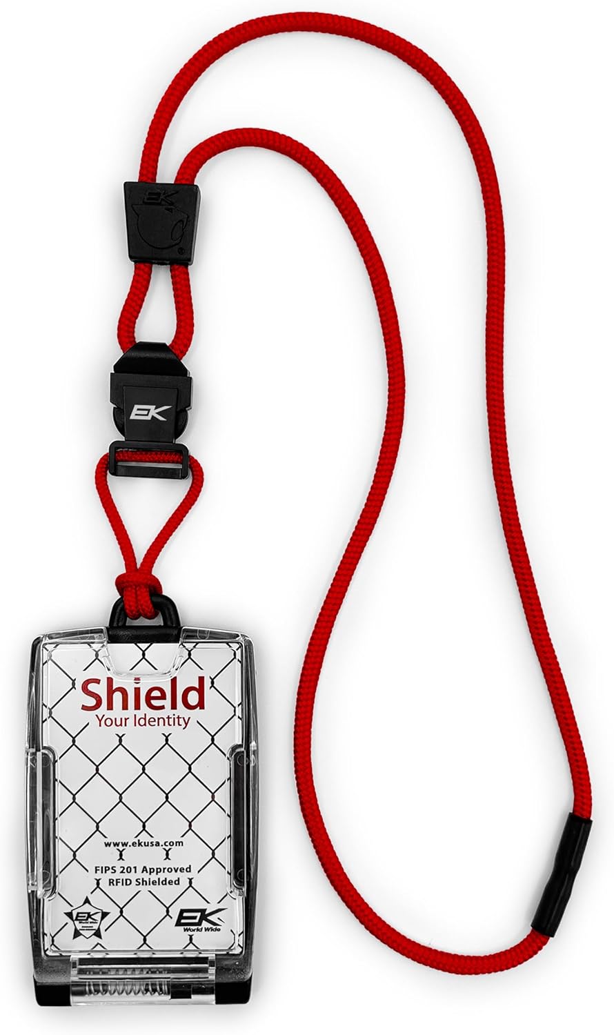 EK World Wide FIPS‑201 One Hander ID Card Holder with Detachable Breakaway Lanyard – Secure Flip‑Open Badge Holder for CAC/TWIC Smart Cards, Holds Two Cards (C21 Red)