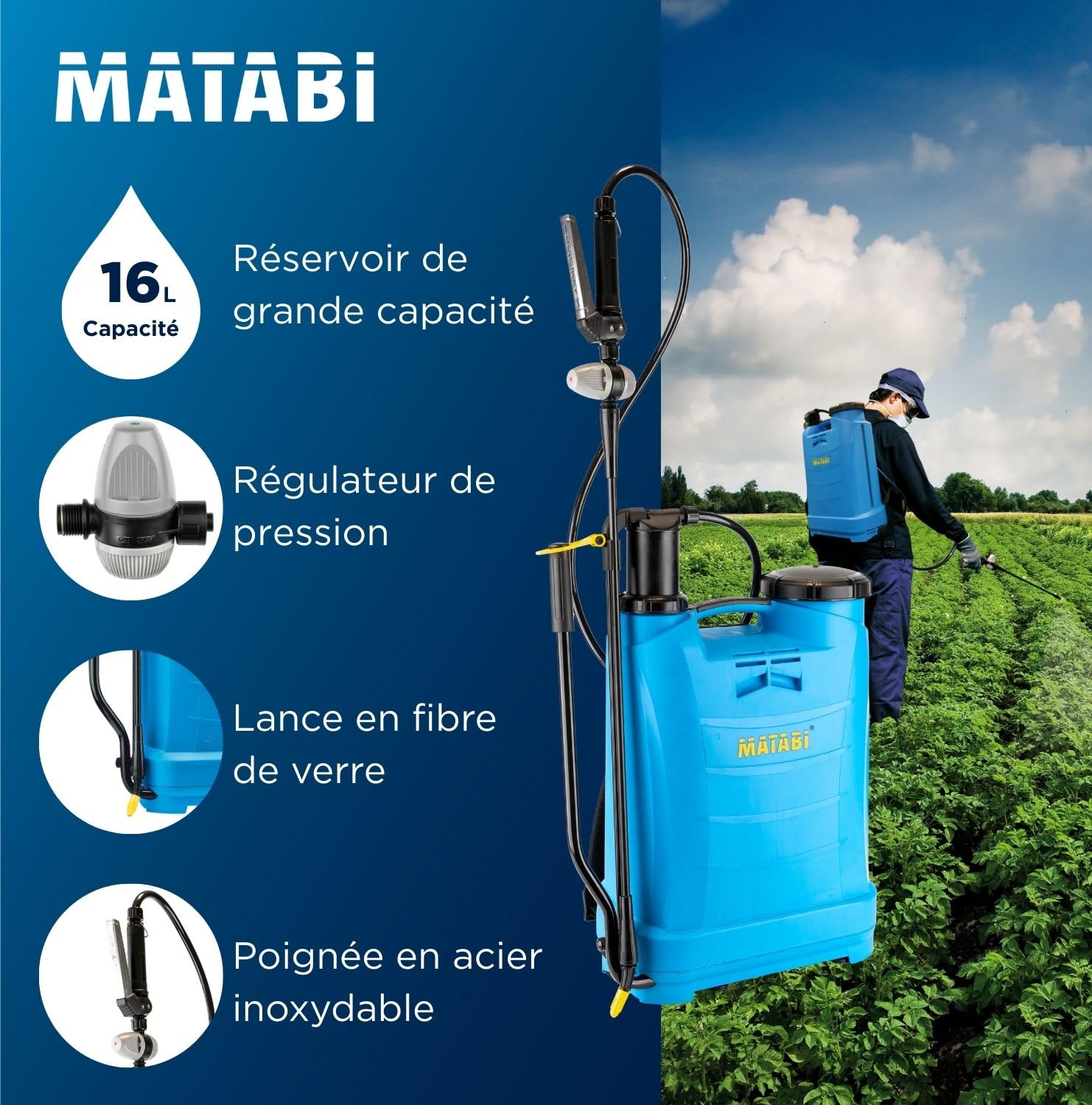 Pulvérisateur de jardin Matabi Evolution 16L – Manille inox – Buses variées