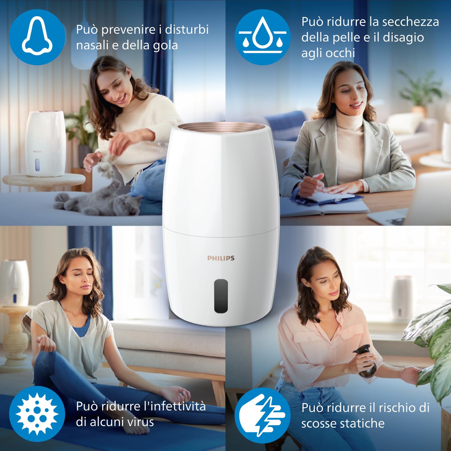 Philips 2000 Series Umidificatore D'aria - 32m² Umidificatore d'ambiente, NanoCloud, 3 Velocità, Modalità Sleep, Serbatoio 2 litri (HU2716/10)