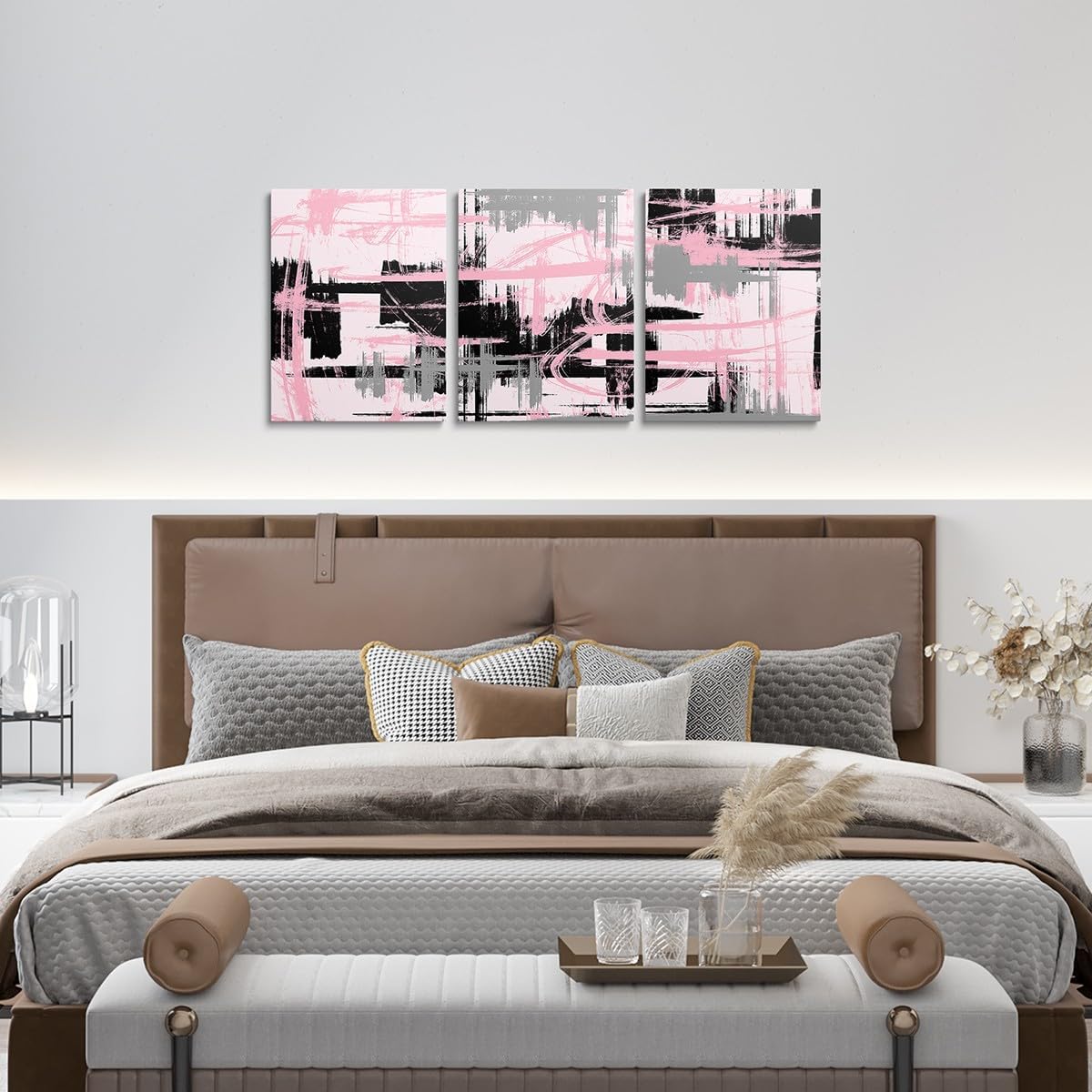 Feelyou Pink, Black & Grey Framed Canvas Wall Art - Modern Stripes & Office Decor for Living Room