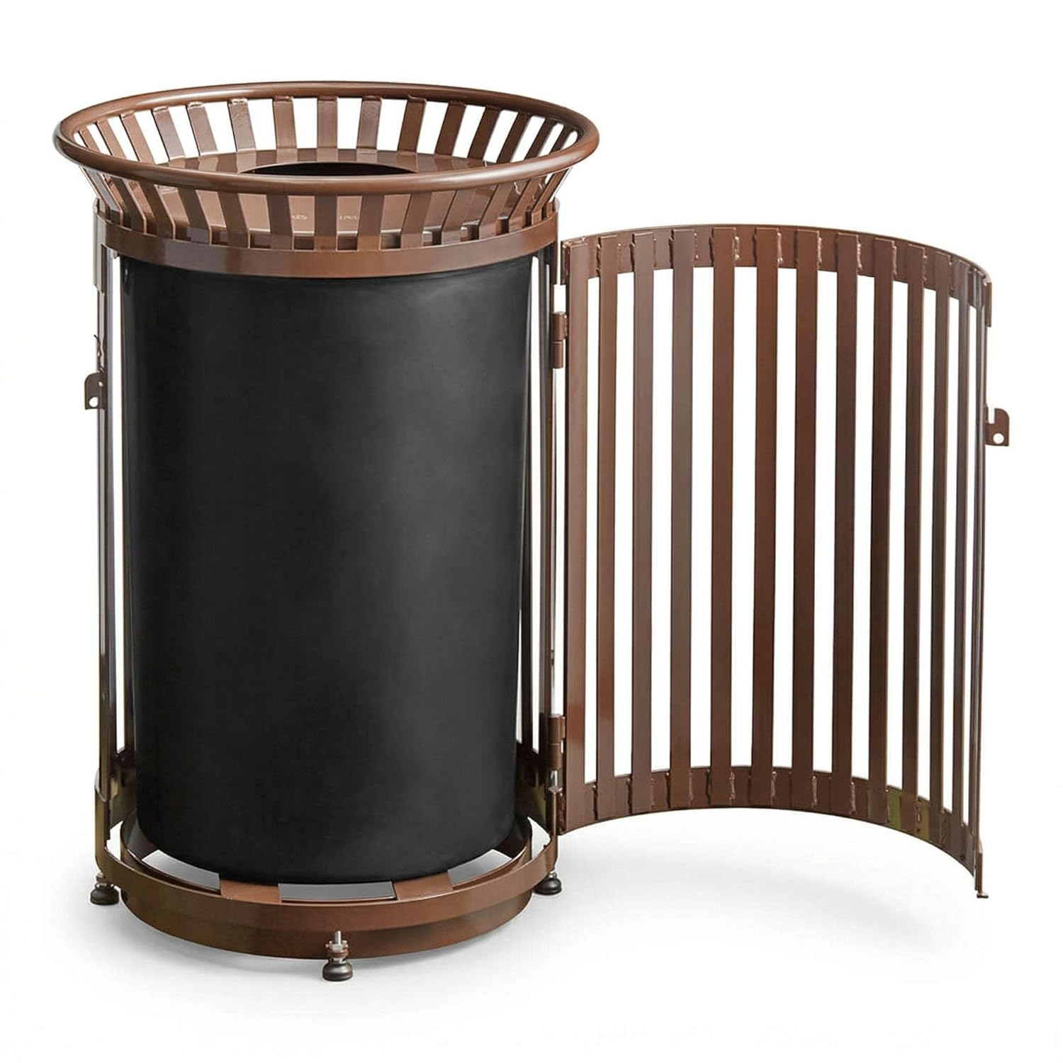 45 Gallon Commercial Heavy-Duty Trash Can - Black Outdoor Steel Slatted Waste Receptacle with Flat Lid, Front Access Door, and Rigid Plastic Liner, Round Bin for Parks, Schools, and Municipalities