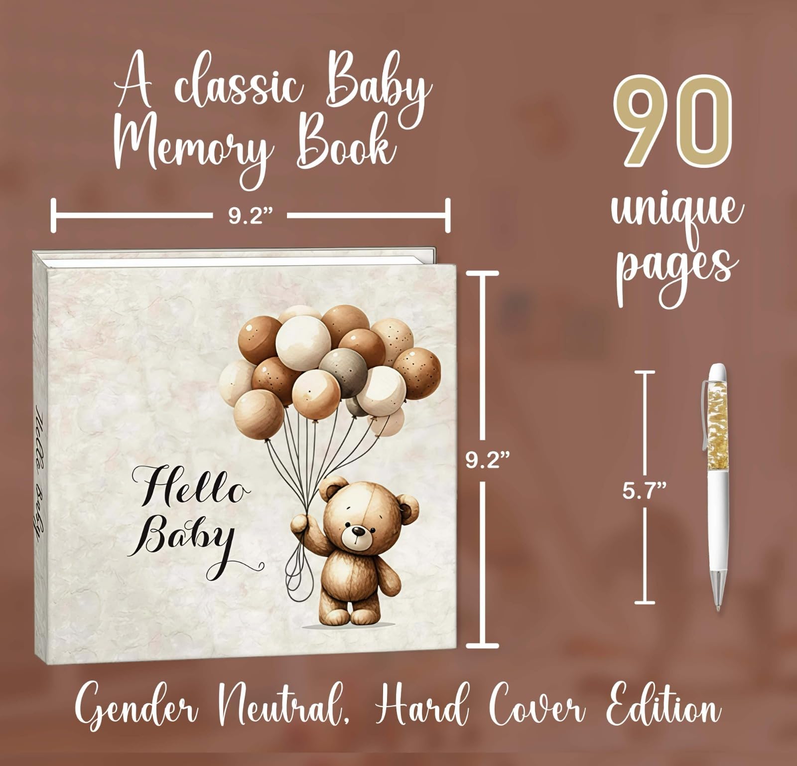 Babyalbum und Erinnerungsbuch perfekt für Jungen oder Mädchen, Teddybär-Design Baby erste 5 Jahre Babybuch, Baby-Erinnerungsbuch mit einzigartigem Stift, Hardcover mit 90 einzigartigen Seiten, Baby