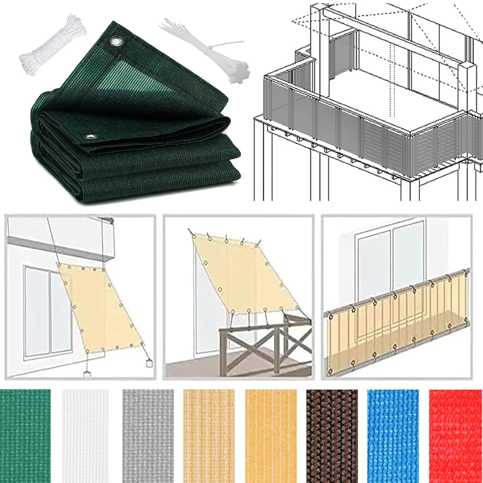 Osłona Balkonowa HDPE 70 x 800 cm 95% Ochrony Uv, Przeciwko Podglądaniu, Odporny Na Wiatr, Osłona Prywatności Na Balustradę Balkonową Do Zewnętrznego Tarasu, Ciemnozielony