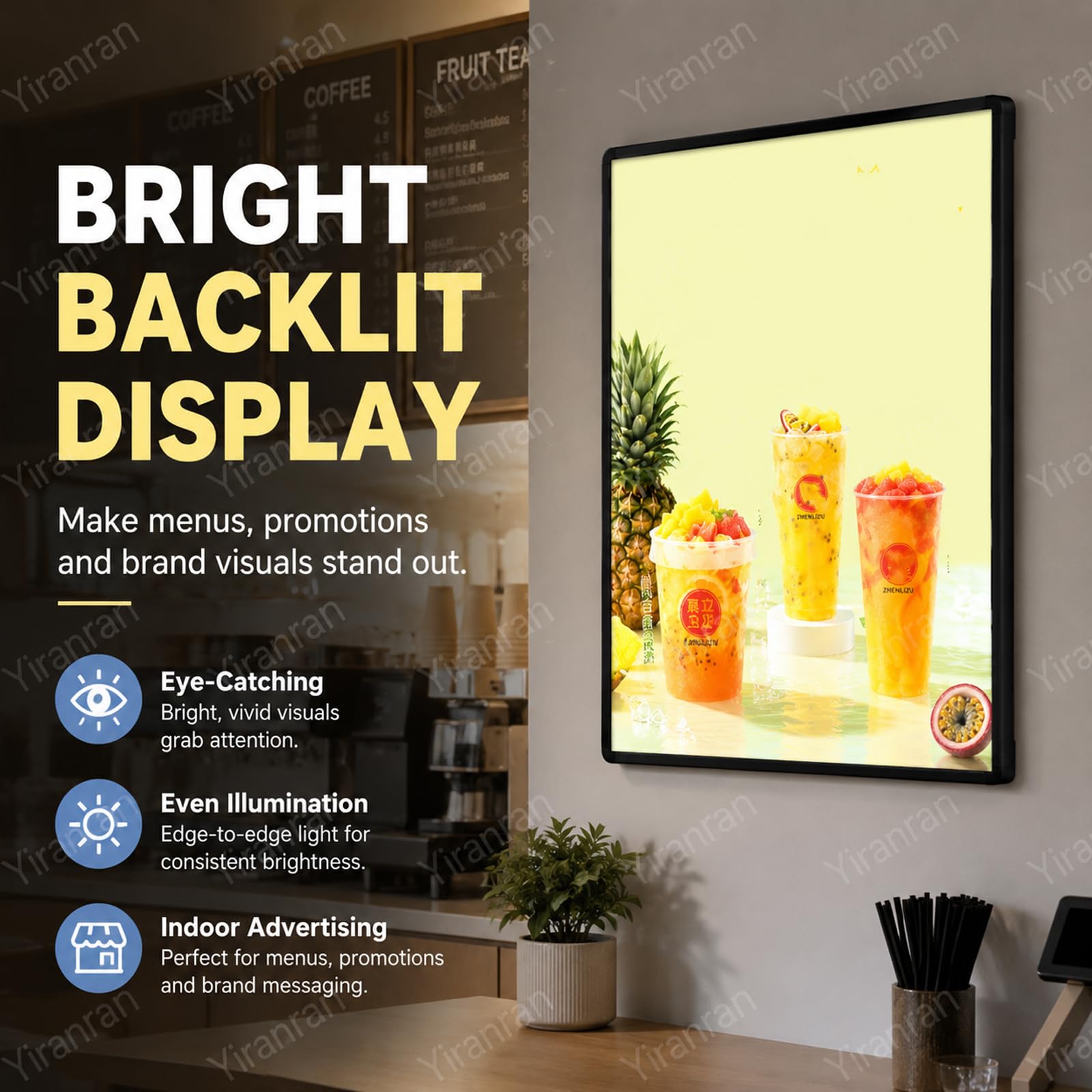 LED-Leuchtkasten, ultradünner Rahmen für Poster, gehärtetes Glas und Aluminiumrahmen, seitlicher Schnellwechsel, horizontale oder vertikale Innenwerbung für Gastronomie und Einzelhandel