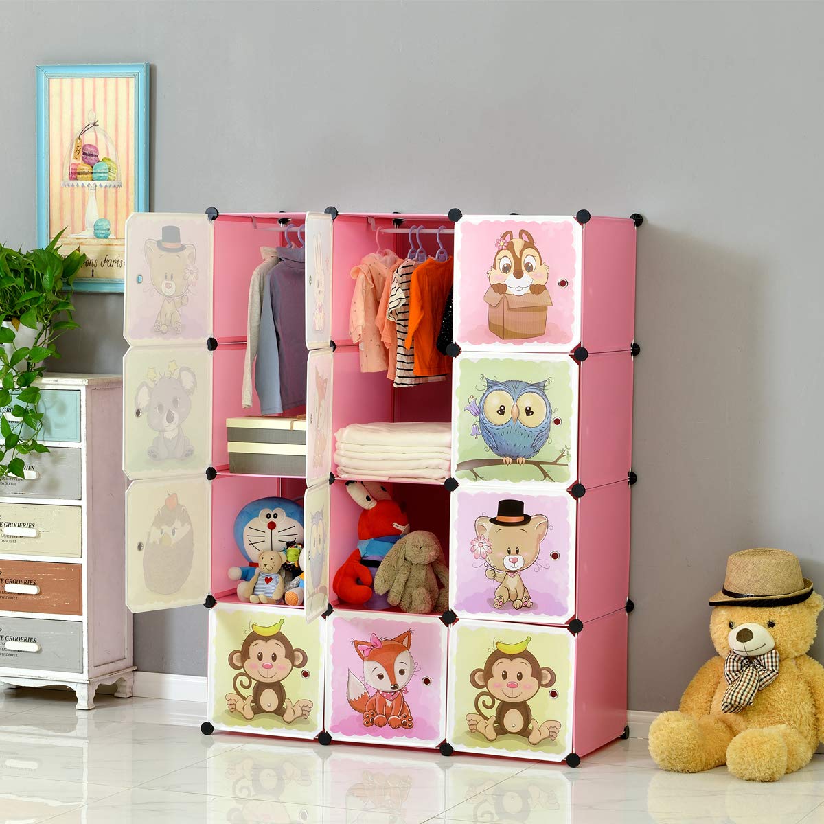 BRIAN & DANY Armario Modular Infantil Animales Puertas Estanterías Almacenaje Rosa 110 x 47 x 147 cm