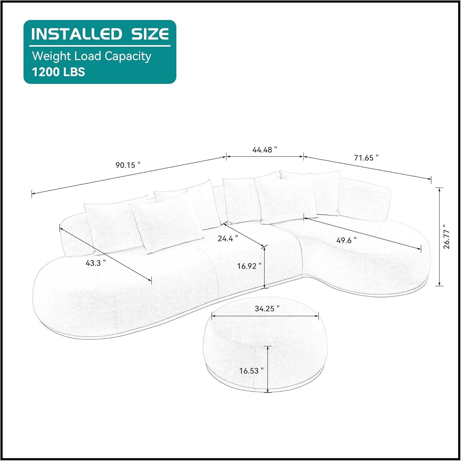 kevinplus 134.63'' Large Sectional Curved Sofa Couch with Chaise Lounge & Ottoman for Living Room, Oversize L-Shape Modern Sectional Sofa Couch, Wood Structure & Easy Assembly (Right-Facing, Orange)