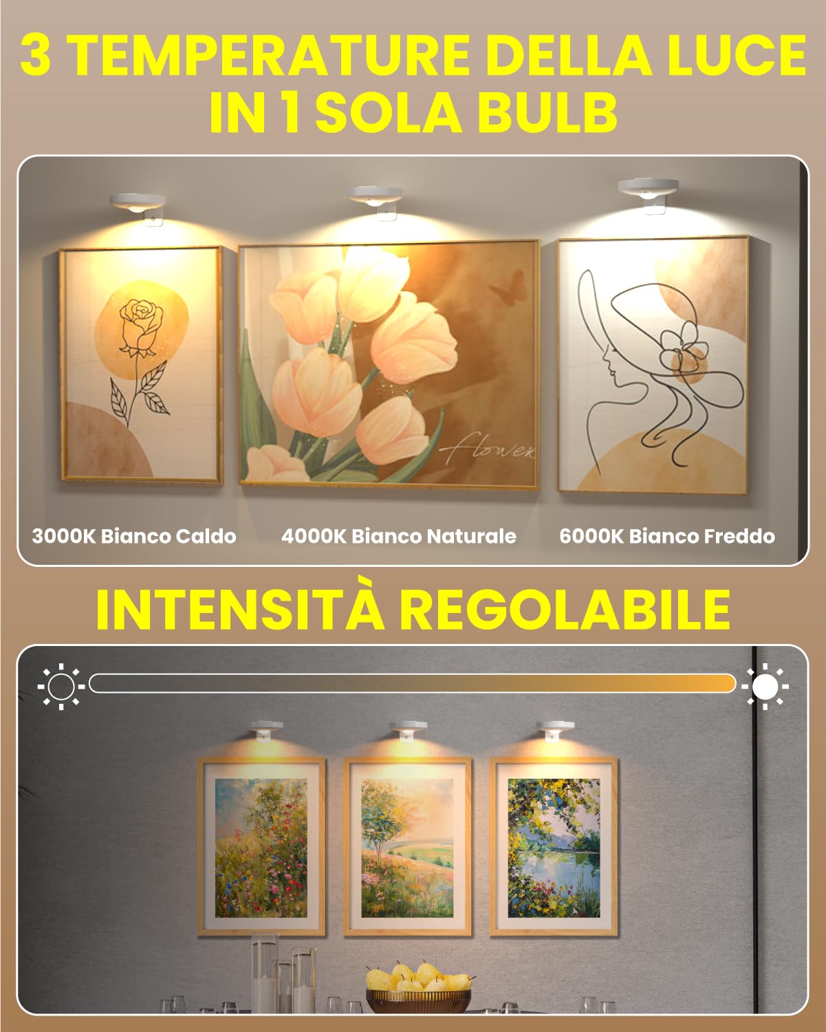 Lampade da Parete Ricaricabili con Telecomando per Foto, Luce a Batteria Regolabile in 3 Colori con Timer, Lampada per Quadri, Lampada per Bocce Ricaricabile, Fino a 50 Ore, 3 Confezioni