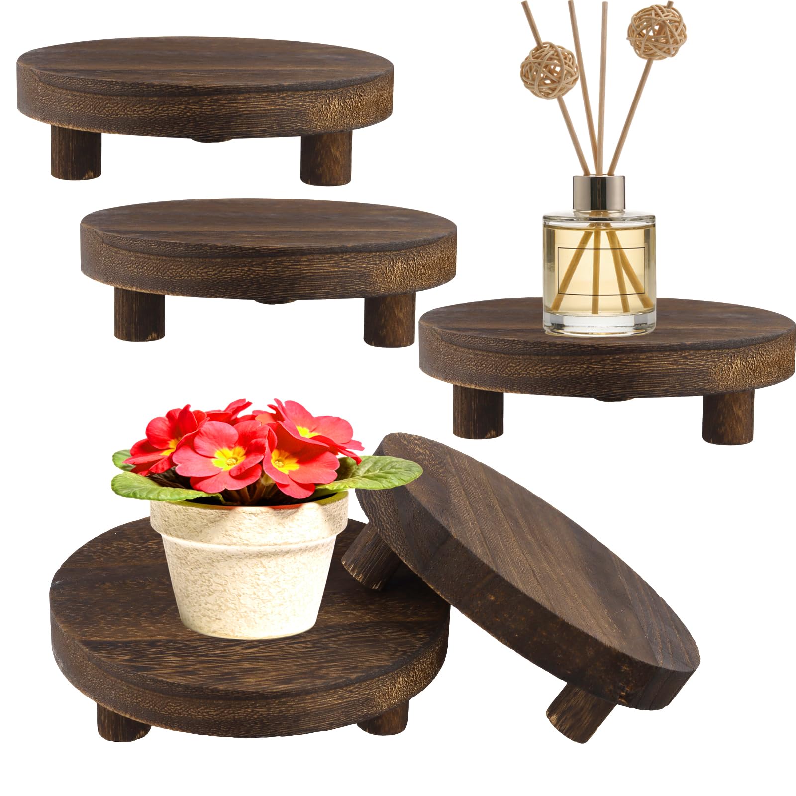 YUENPUN 5 Pcs Wooden Display Stand 6 Inch, Round Wood Pedestal Riser, Rustic Style Wood Base for Kitchen Decor, Bathroom Counter, Plant Stand, Home Decoration Accessories