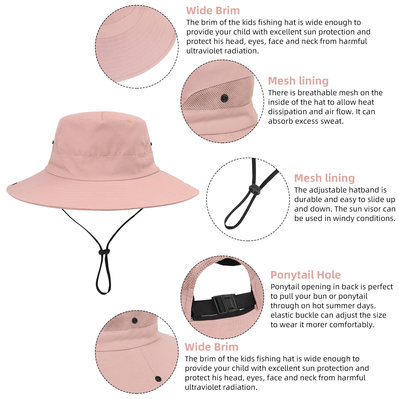Sombrero de sol para niños con agujero para cola de caballo, protección UV, ala ancha, para verano, playa, sombrero de pesca para niñas
