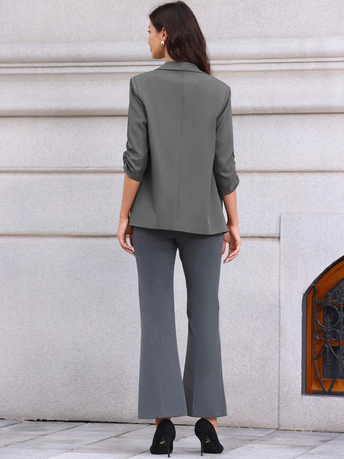 Allegra K Open Front Blazer for Women's Ruched 3/4 Sleeve Shawl Collar Office Dressy Suit Jacket - Image 3