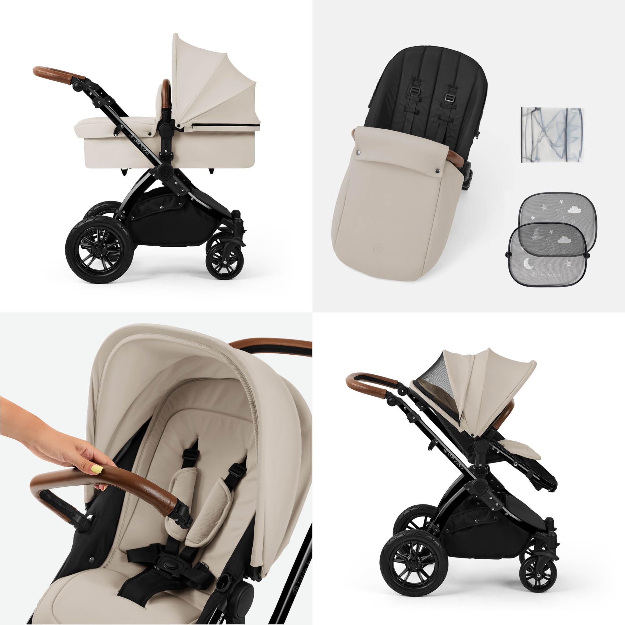 Ickle Bubba Stomp Luxe Poussette tout terrain 2 en 1 pliable avec housse de pluie, chancelière, tablier et pare-soleil avec roues anti-crevaison (châssis noir, pierre/brun clair)