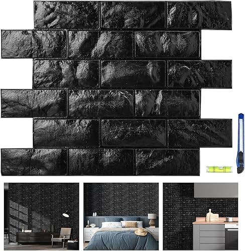 11 paneles de pared 3D, papel tapiz 3D imprimible de ladrillo negro para pegar y despegar, paneles de ladrillo sintético de espuma impermeable