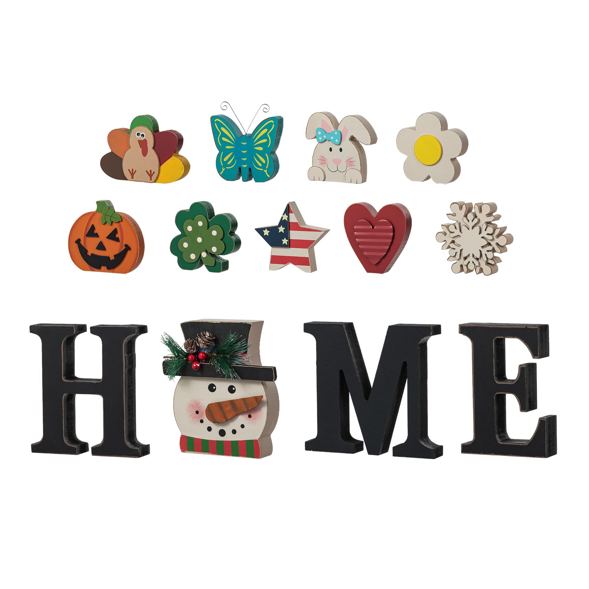 Glitzhome Interchangeable Home Table Signs with 13 Pcs Seasonal Icons, Wooden Changeable Home Sign for Holiday Decor, HOME Letter Sign Ornaments Set Interchangeable Holiday Decorative Shelf Blocks