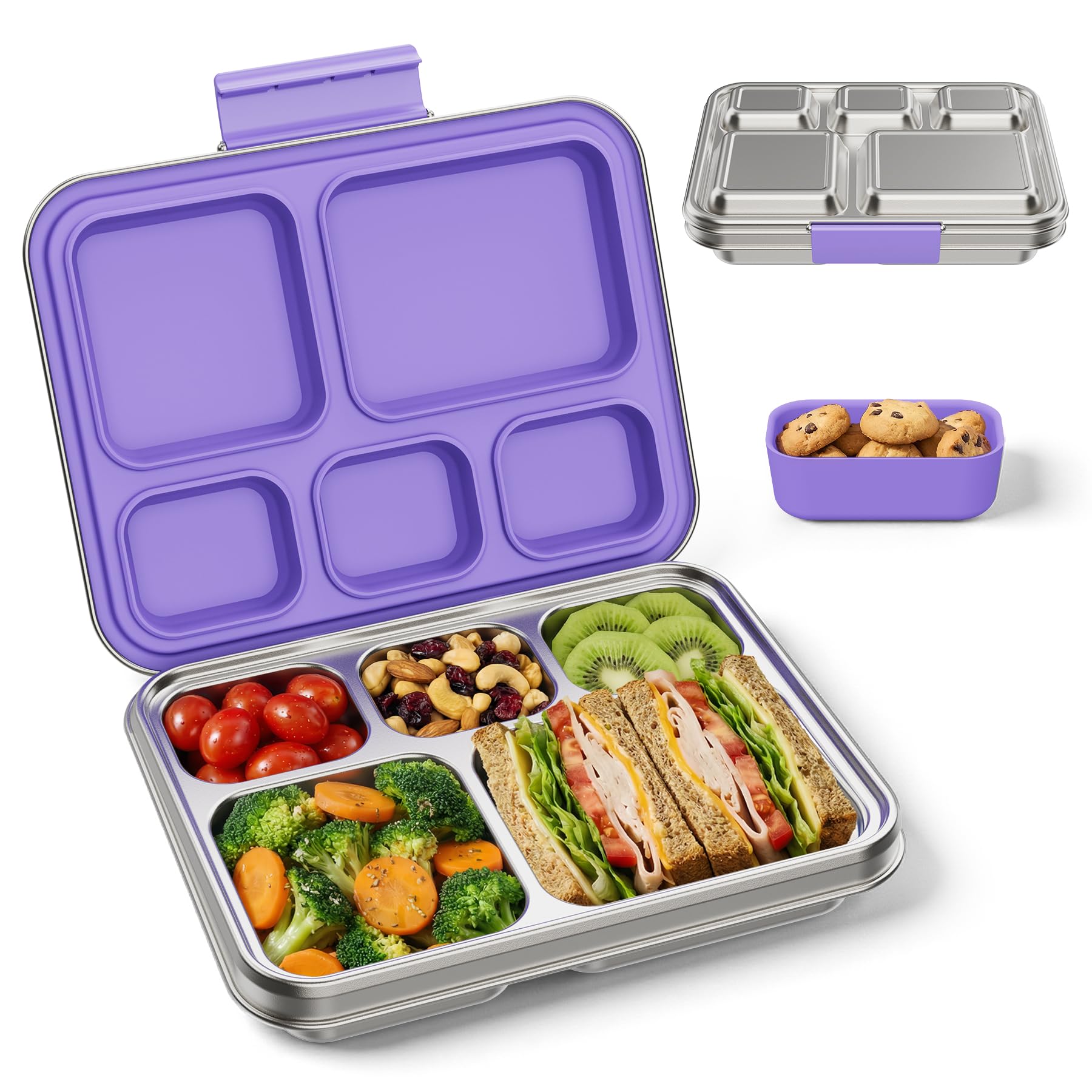 Photo 1 of Zeekala Stainless Steel Bento Lunch Box for Kids & Adults, 5 Compartment Metal Portable Bento Box with Silicone Food Container and Removable Silicone Seal,BPA-Free,School,Office(Purple)