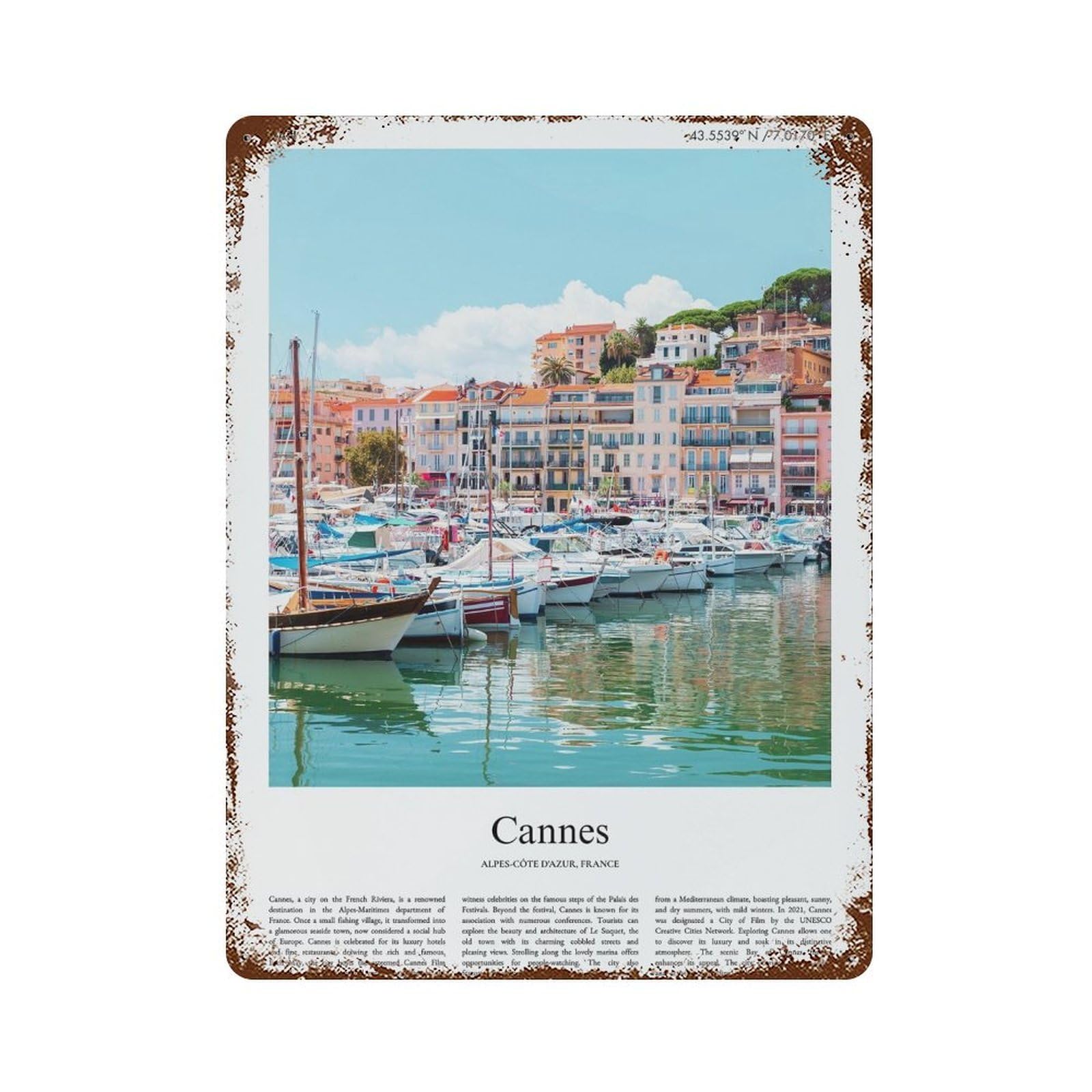 xiaoxiaoshen Cannes Alpes-côte D'azur, France City Scenery Wall Decor Art Metal Tin Poster Modern Home Decor Art Home Bar Shop Decorations Vintage Sign 40x30cm