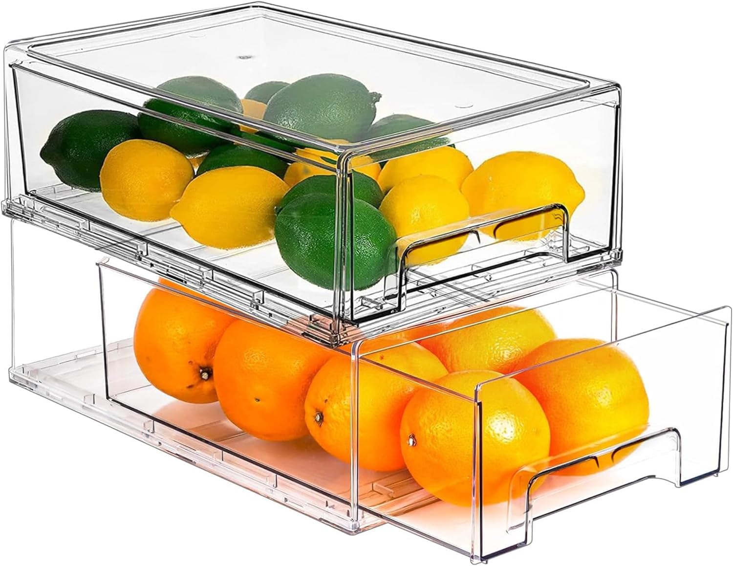 bealy Paquete de 2 cajones de almacenamiento apilables transparentes, organizadores de refrigerador y cajón de almacenamiento extraíble para nevera, cocina, baño, armario, oficina, transparente