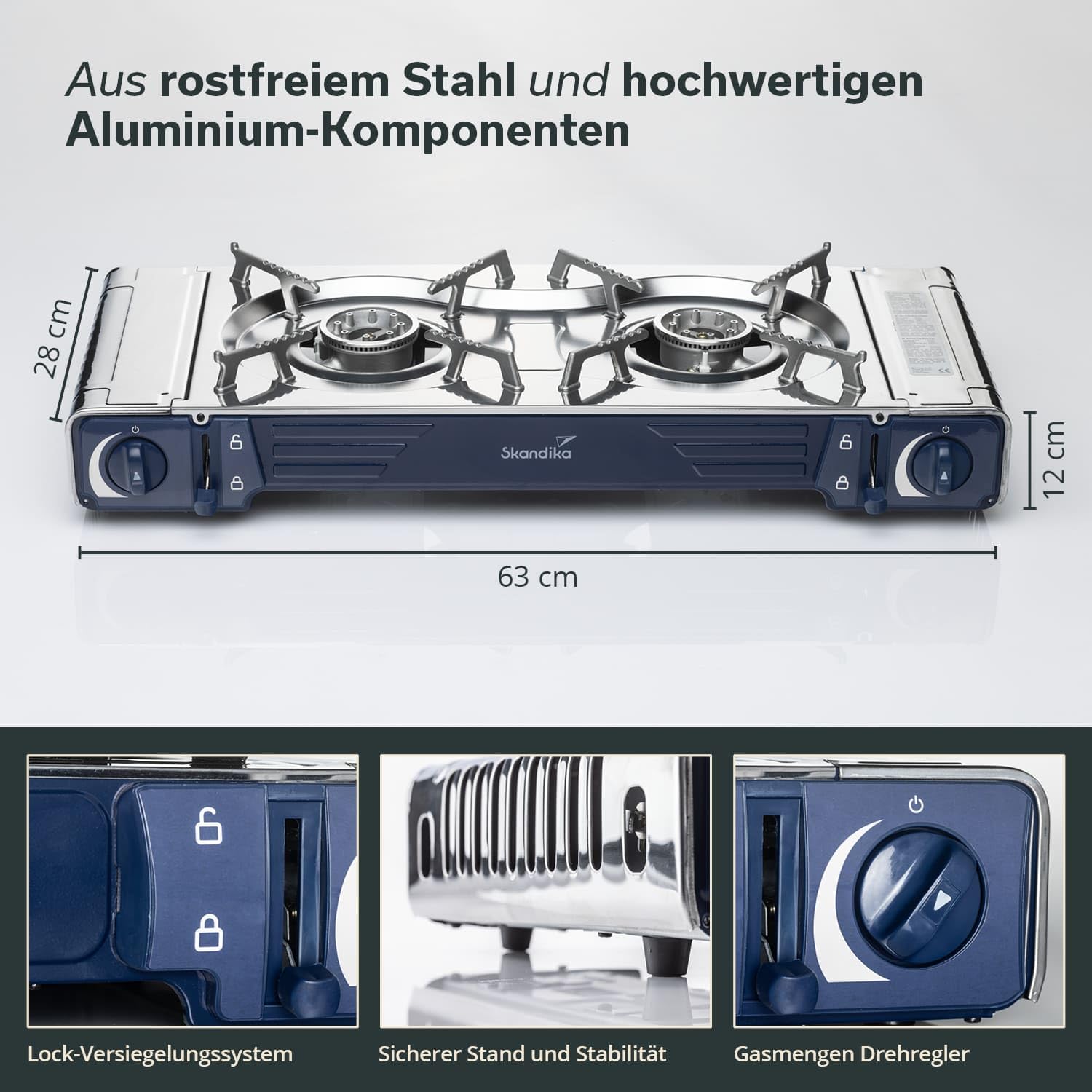 Skandika Brann Gasfornuis, 2-pits, robuust campingkooktoestel voor gaspatronen MSF-1A 227 g, roestvrij staal, traploos regelbaar, piëzo-aansteker, kunststof koffer, camping grill