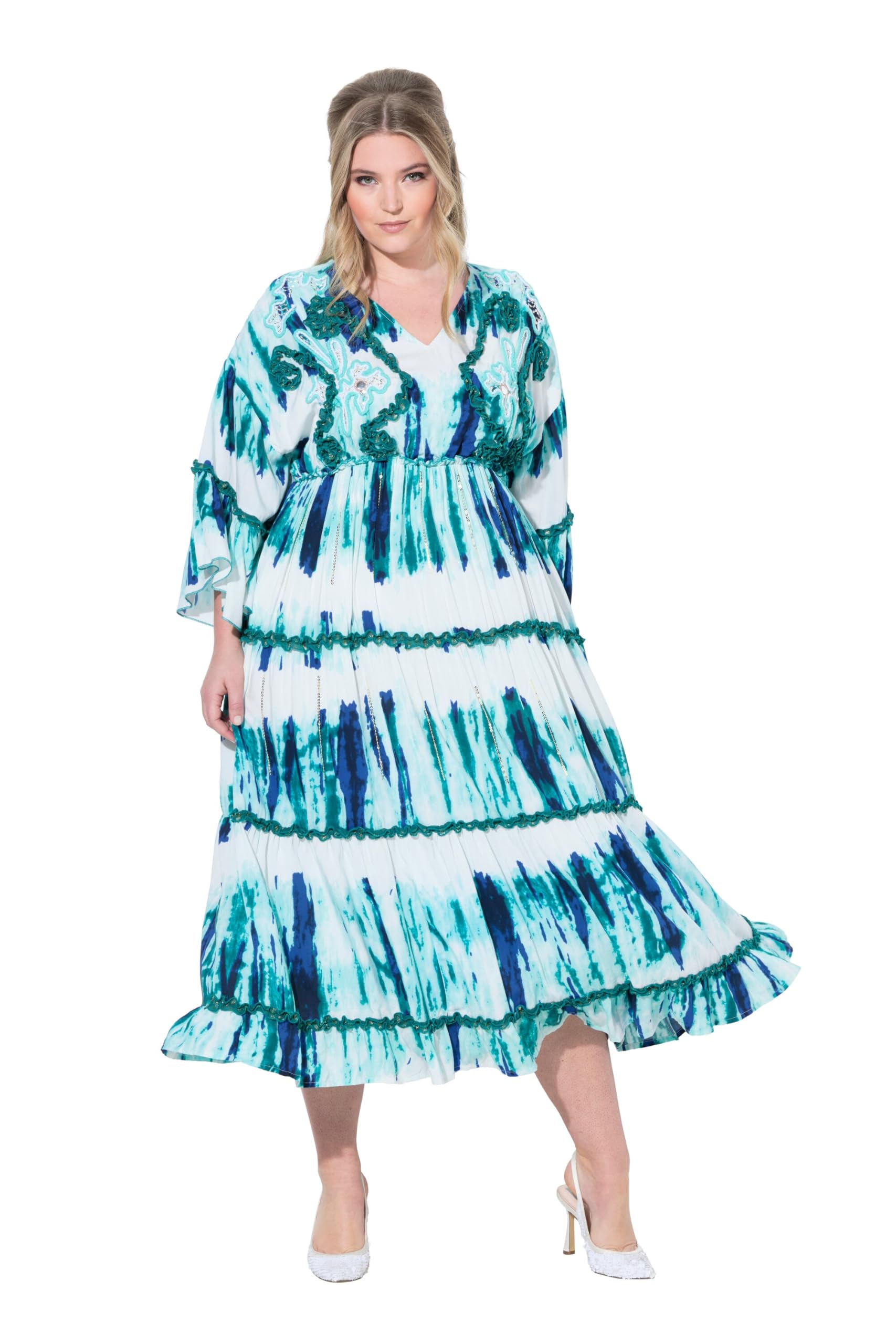 MIAMODA Damen große Größen Übergrößen Plus Size Maxikleid, A-Linie, Stickereien, Batik-Streifen 838526