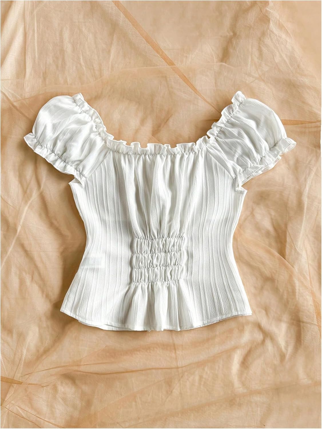 SweatyRocks Women's Bow Tie Front Ruched Blouse Puff Sleeve Square Neck Summer Cute Tops - Image 2