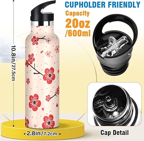 Miniatura 2 de Red Cherry Blossom - Botella de agua ligera para gimnasio con asa, botellas aisladas al vacío de doble pared para viajes, campamento, deportes, 20