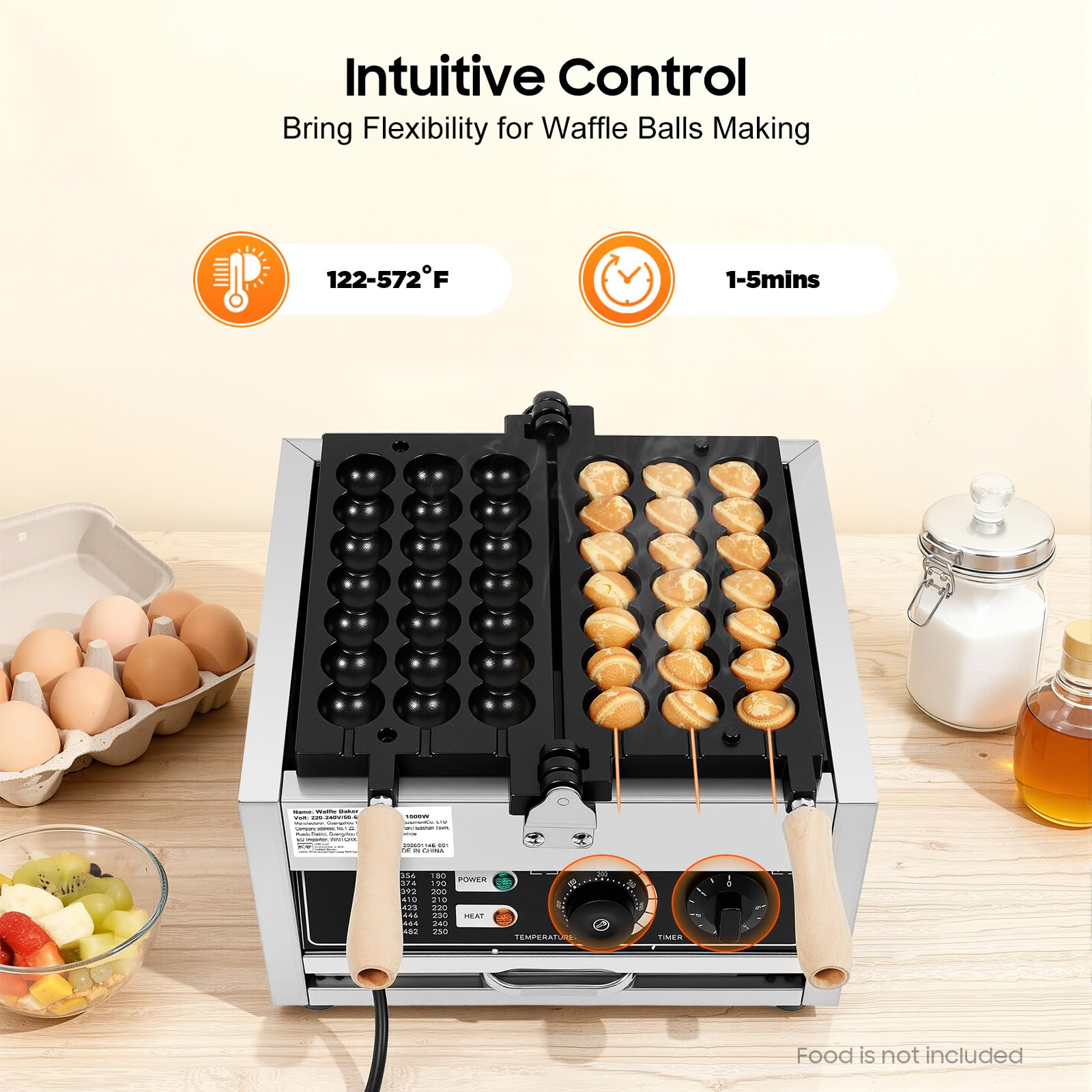 Máquina de gofres profesional de 1500W de acero inoxidable con indicador LED de temperatura ajustable 50-300°C,para la fabricación de panqueques, muffins y gofres