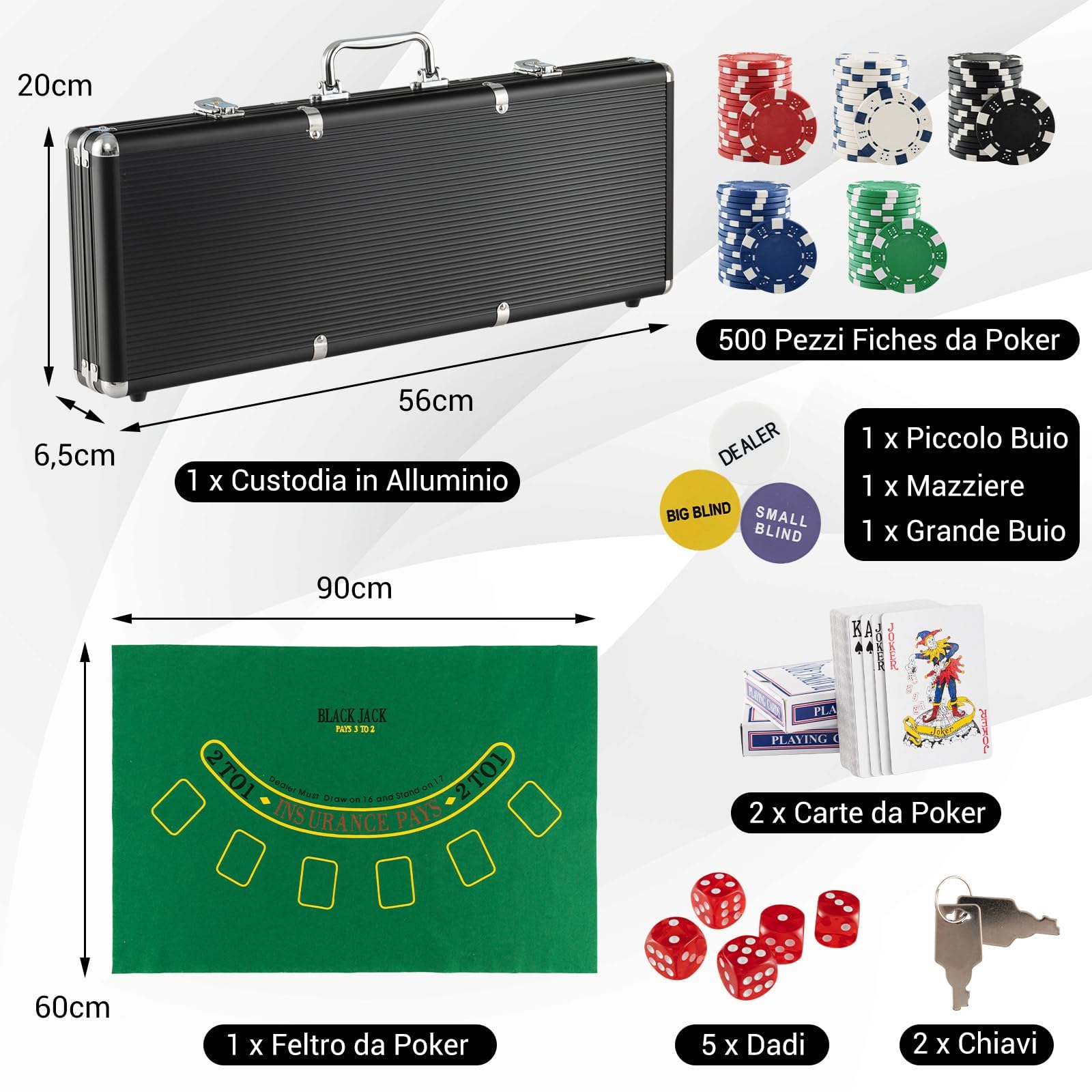 RELAX4LIFE Juego de póquer de 500/300 piezas con funda de aluminio rígido, incluye tarjetas, dados, tela de juego y botón de distribuidor, para noches de póquer, Blackjack (negro – Fichas de peso