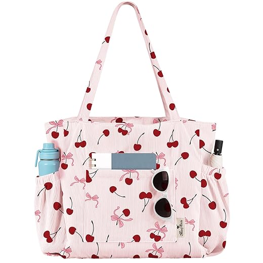 Miss Adola Large Corduroy Tote Bag for Women - Cute Shoulder Reusable Canvas Bags with Zipper Multi-Pocket for School