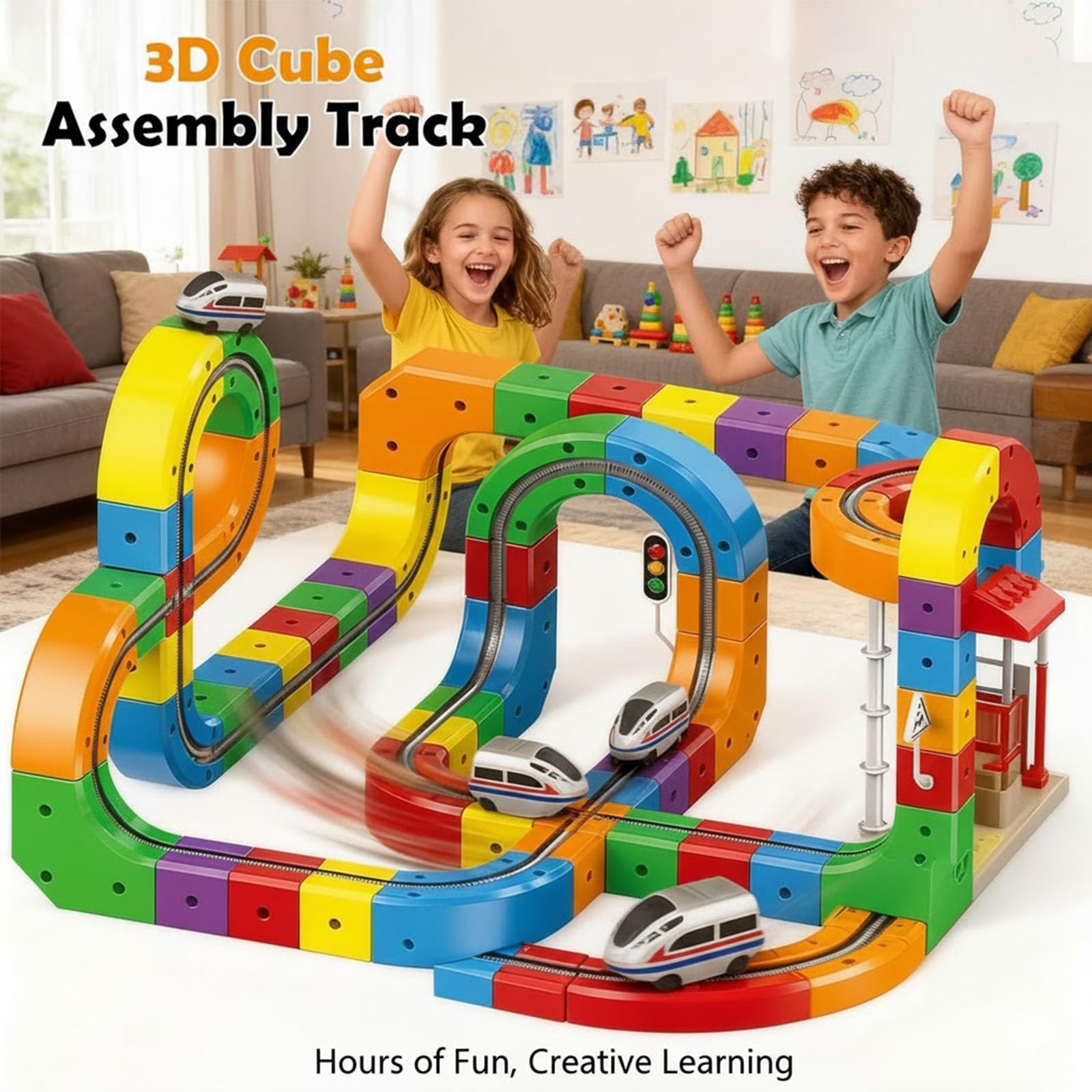 Track Fusion - Juego de tren eléctrico, sistema de cubo mágico con tren motorizado, diseños integrados 3D que desafían la gravedad, pista modular de bricolaje para construcción creativa de rieles (123