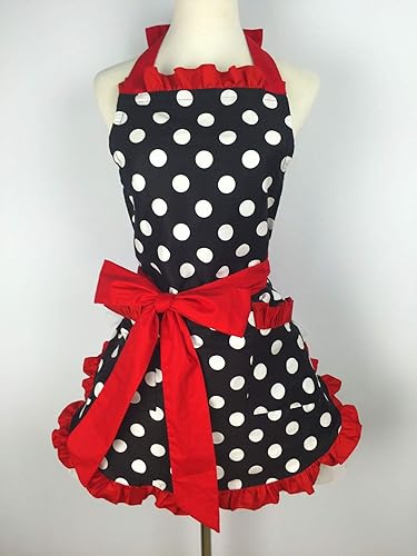 Miniatura 2 de Hyzrz Lindo delantal retro negro con lunares retro con volantes laterales, delantales de cocina vintage con bolsillos para mujeres y niñas (lado
