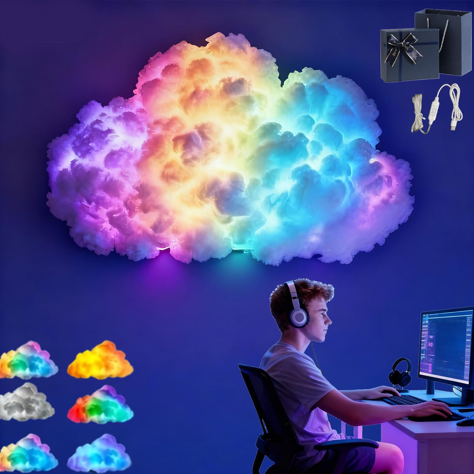 DIY USB-Powered Thundercloud LED Light Decoration, 3D Big Cloud Lightning Light Kit with Music Sync & Multicolor, Creation Cloud LED Light, For Home Decor, Christmas Decorations (1PC-D(800CM))