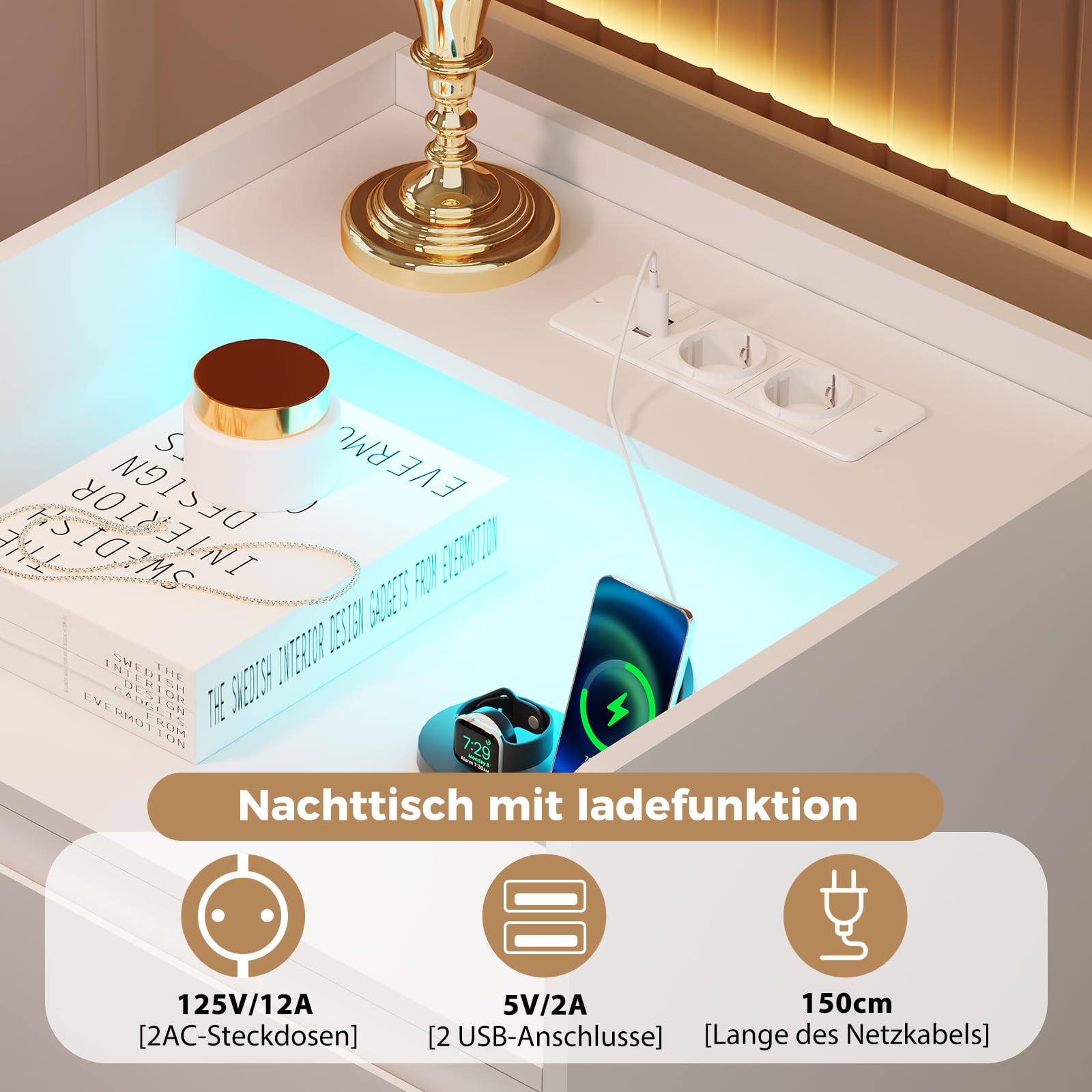 ANWBROAD Nachttisch mit Steckdose,Nachtschrank mit LED-Lichtleiste | 3 Schubladen und 1 Fach,Moderner Nachttische Beistelltisch,Sofatisch für Schlafzimmer,Wohnzimmer (2, Weiß) BNS014W
