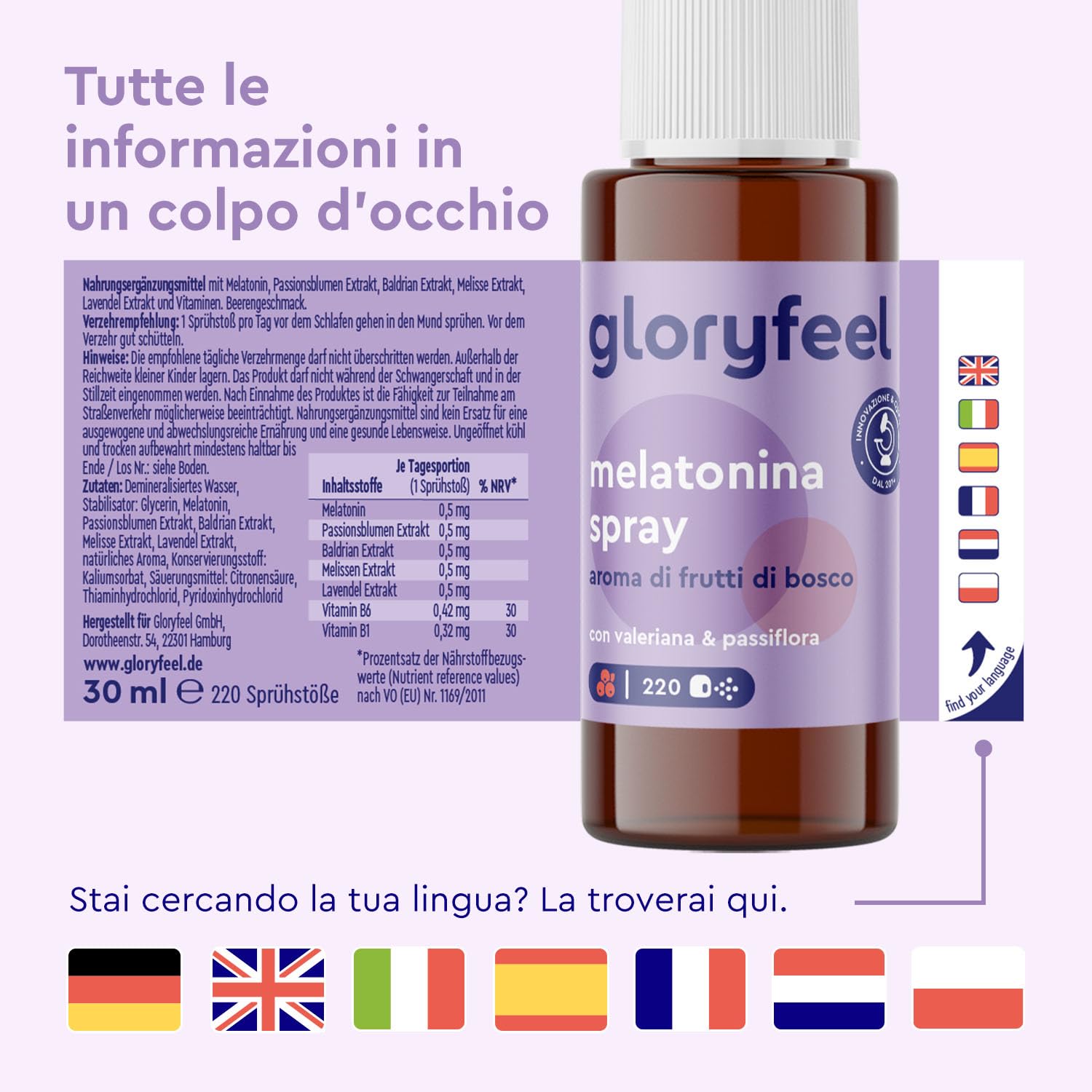 Melatonina per Dormire, Melatonina Pura, Melatonina Spray 0,5mg per Spruzzo, Integratore Valeriana Forte con Passiflora e Lavanda Rilassante, con Vitamina B1 e B6, Gusto Frutti di Bosco, 30ml