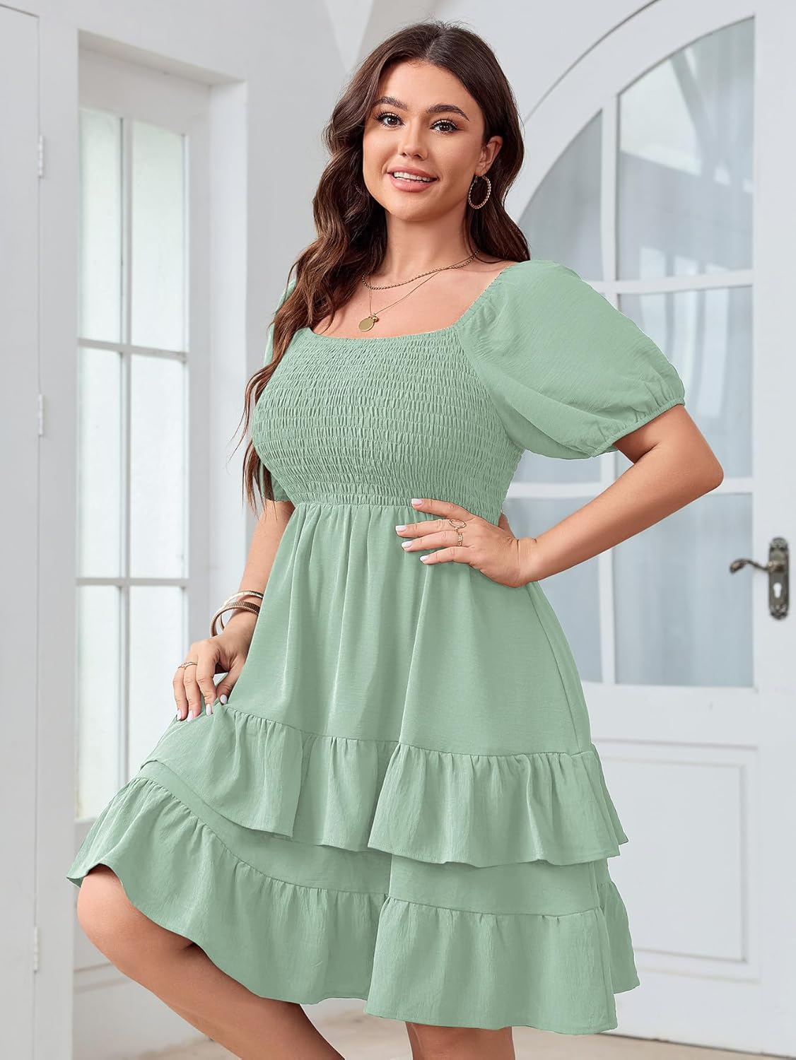 Womens Plus Size Summer Dresses Tiered Square Neck Short Sleeve Smocked A Line Ruffle Layered Swing Short Mini Dress - Image 3