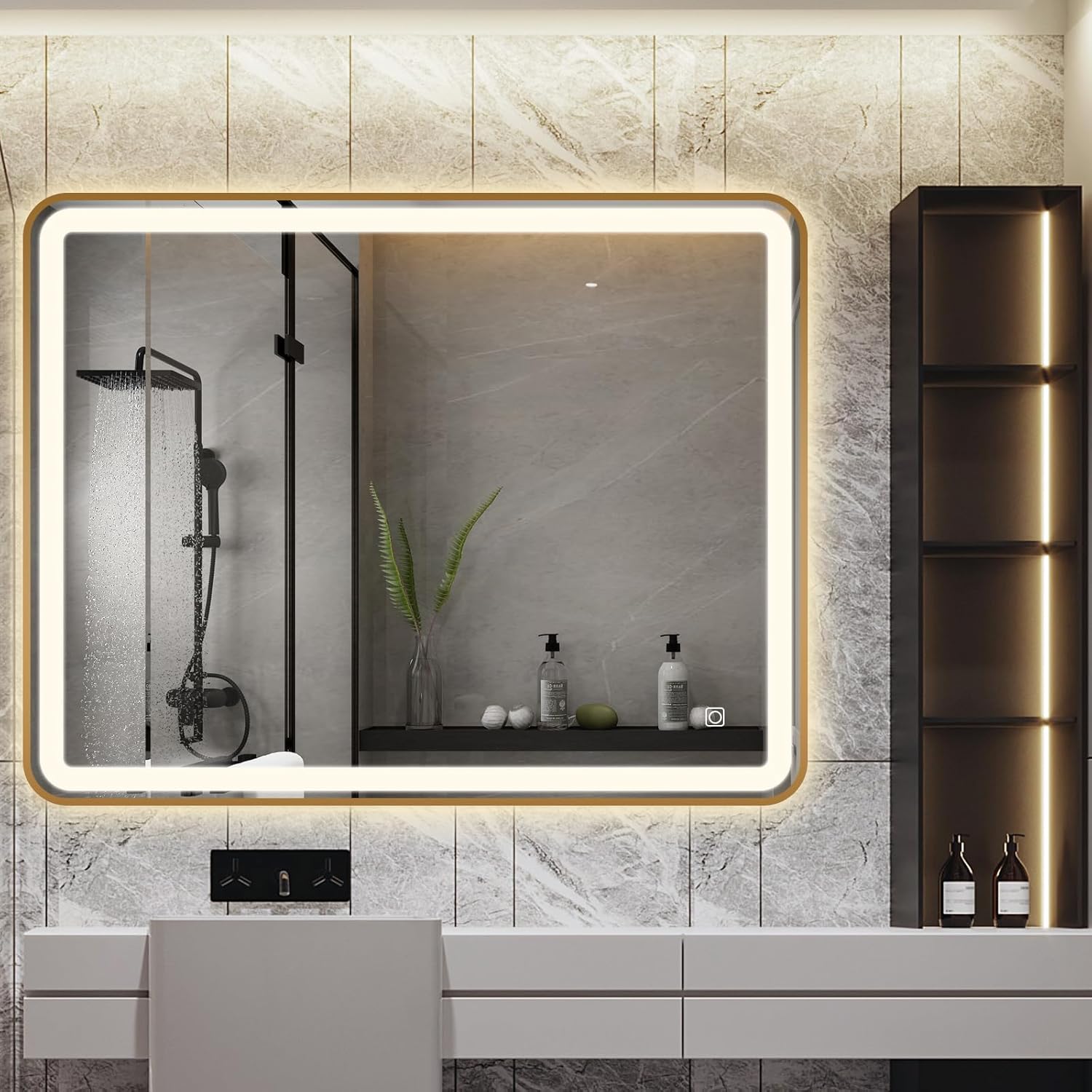 LED Bathroom Mirror, 36"x28" Rectangle Metal Framed Vanity Mirror, Anti-Fog Wall Mirror with 3-Color Adjustable Warm/Natural/White Light, 6000k-3000k CT, Horizontal&Vertical, Gold