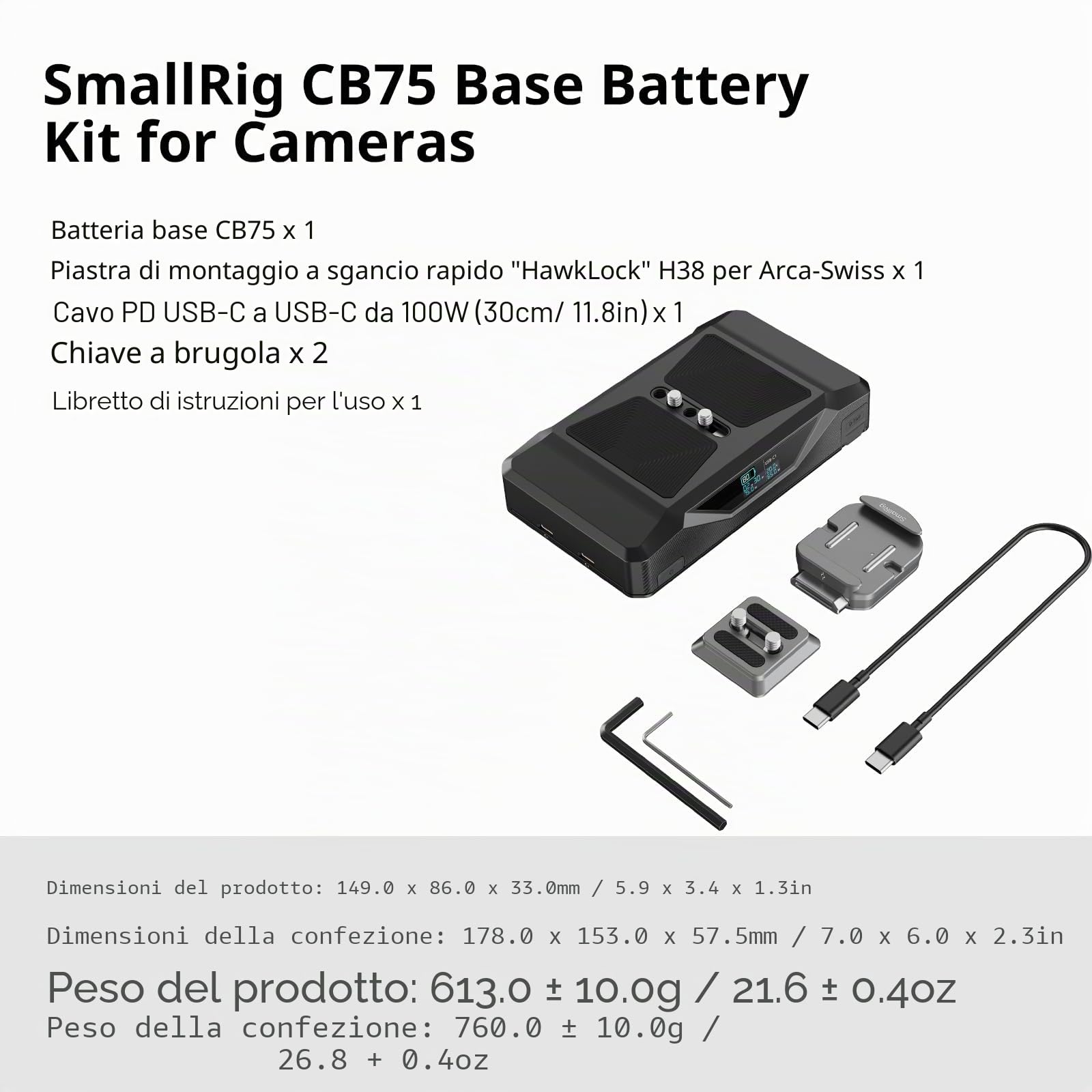 SMALLRIG Batteria Base CB75, 73,8 Wh / 5000 mAh, Autonomia per Tutto il Giorno con Ricarica Rapida USB-C da 65 W, Doppio Connettore D-tap, Piastra a Sgancio Rapido per Arca, Vite da 1/4"-20, 5248