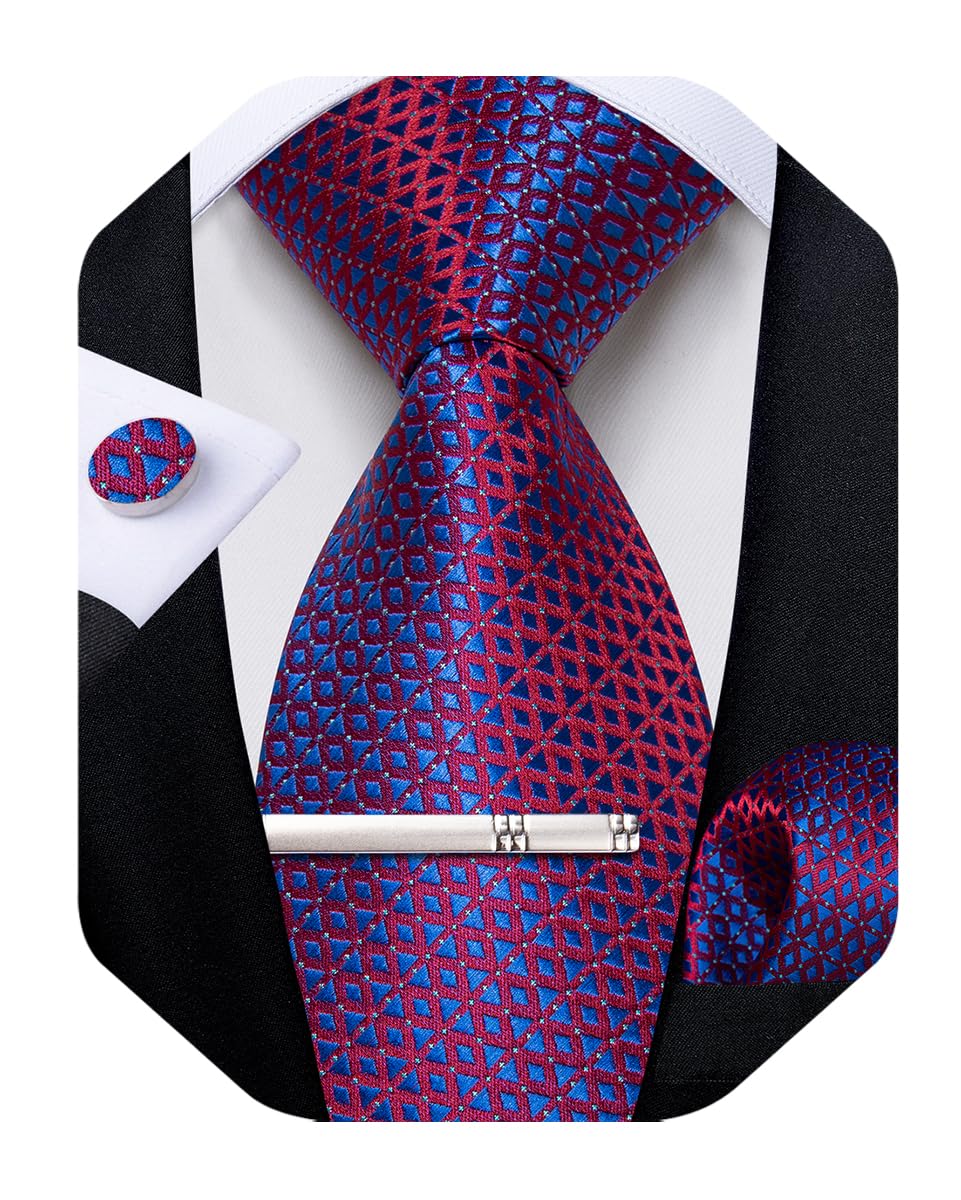 DiBanGu Mens Silk Plaid Tie and Pocket Square Set
