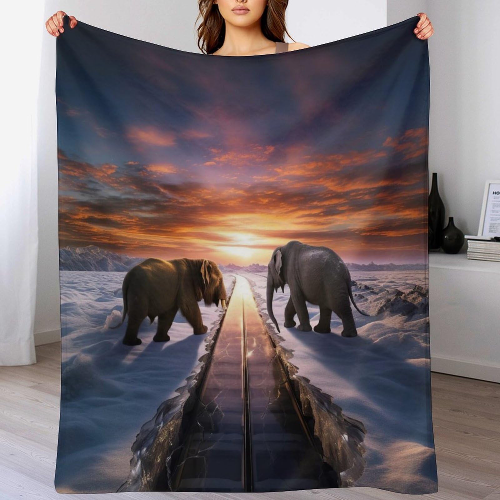 Manta de cama premium en forro polar grueso, textil suave con estampado de elefante