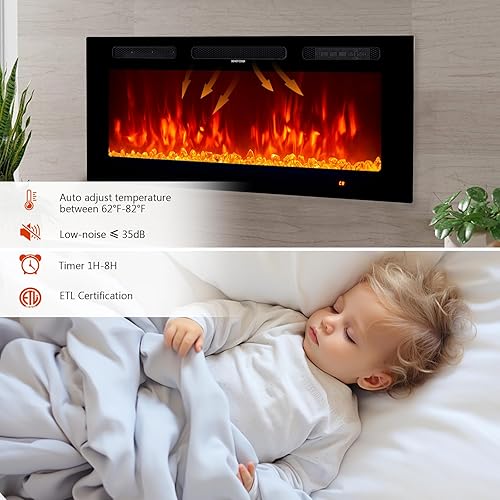 Miniatura 3 de oneinmil Chimenea eléctrica, 50 pulgadas de ancho, chimenea eléctrica empotradamontada en la pared, control remoto con temporizador, 12 llamas,