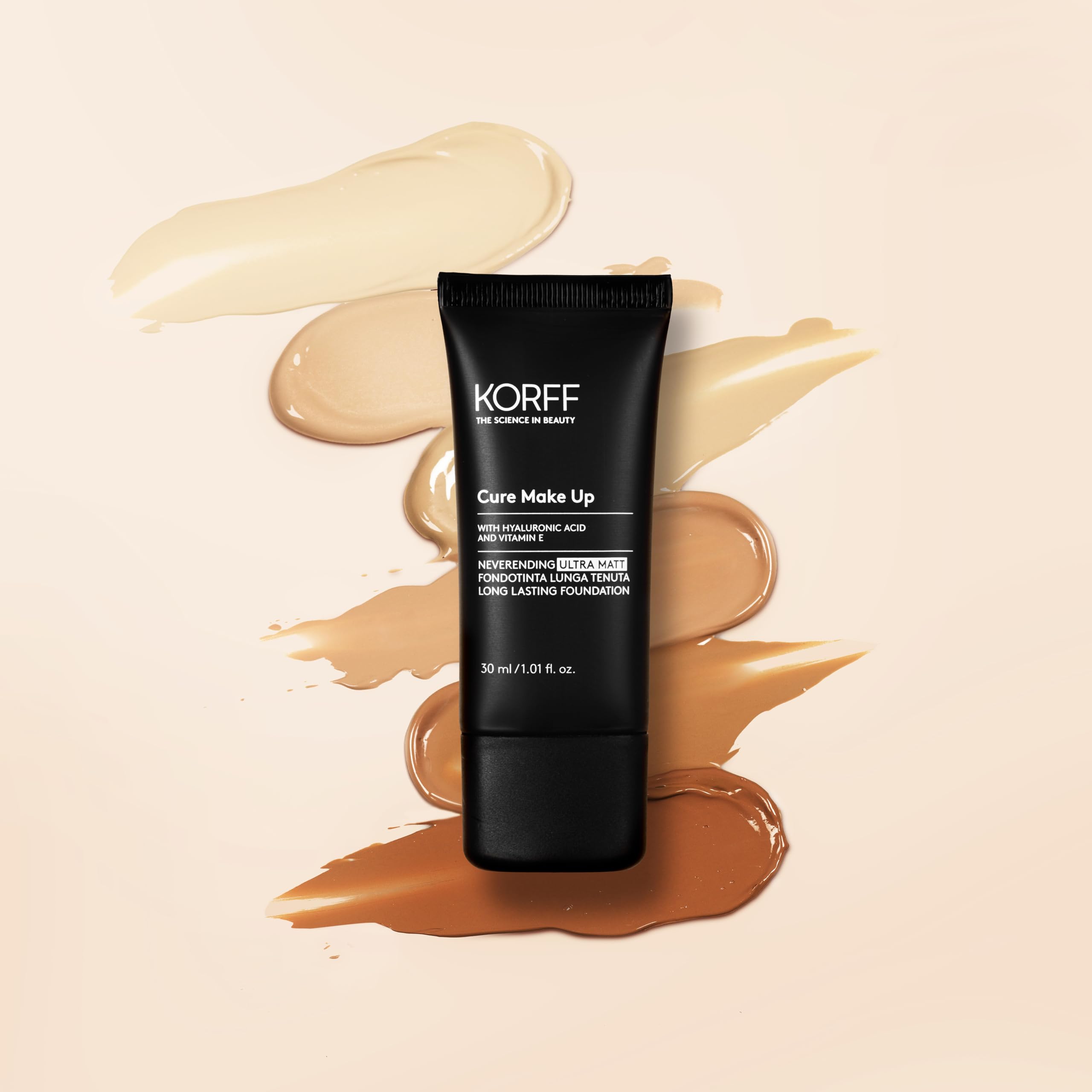 Korff Neverending Ultra Matt Fondotinta Lunga Tenuta fino a 8 ore, Effetto Matt, con Acido Ialuronico, Vitamina E, Amande, SPF30, 30 ml