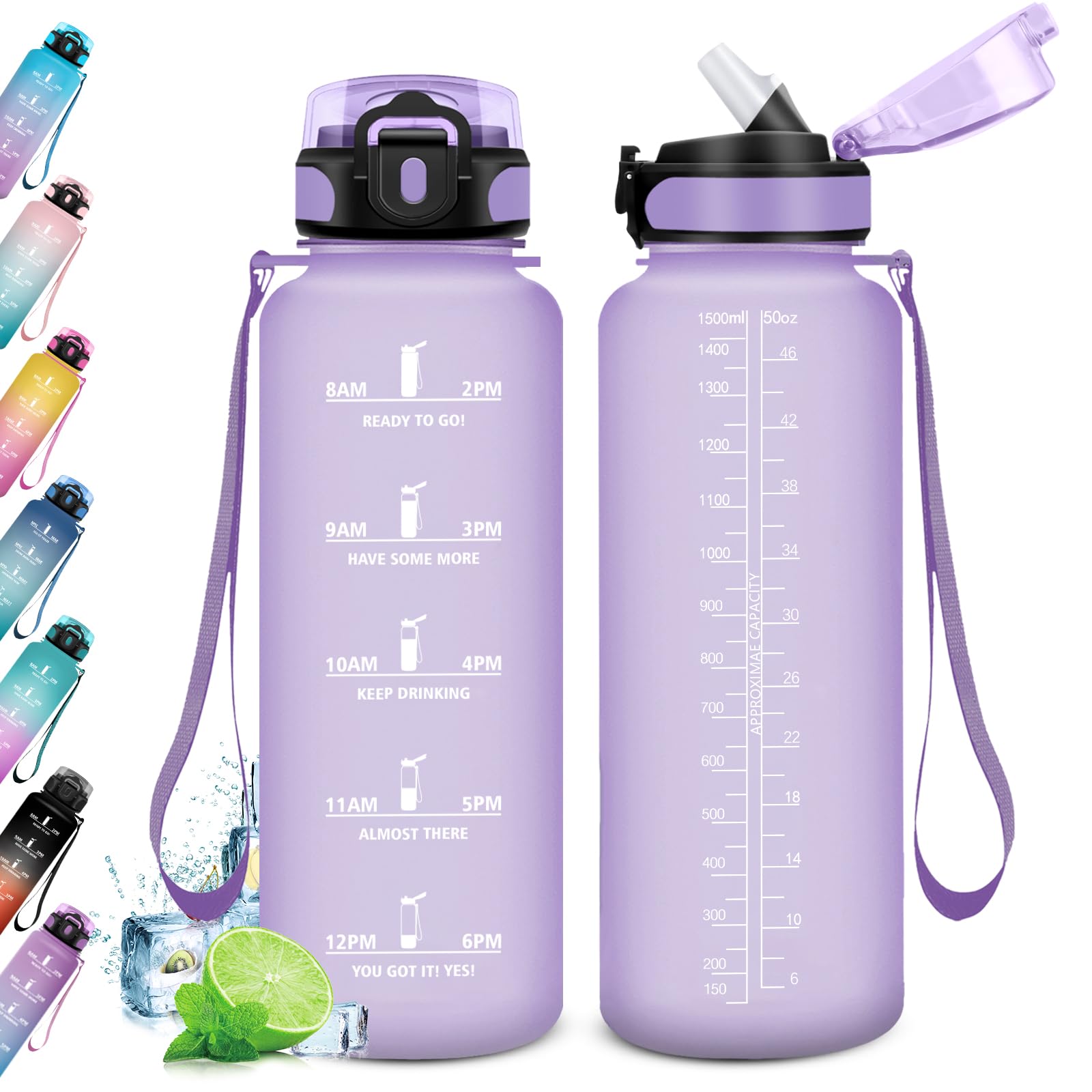 KollyKolla Water Bottle 1.5 L, Sports Water Bottle with Straw, Water Bottle with Time Markings, Gym Drinking Bottle, Leak-Proof, Suitable for Carbonated Drinks, Sports Bottle for Adults, Office,