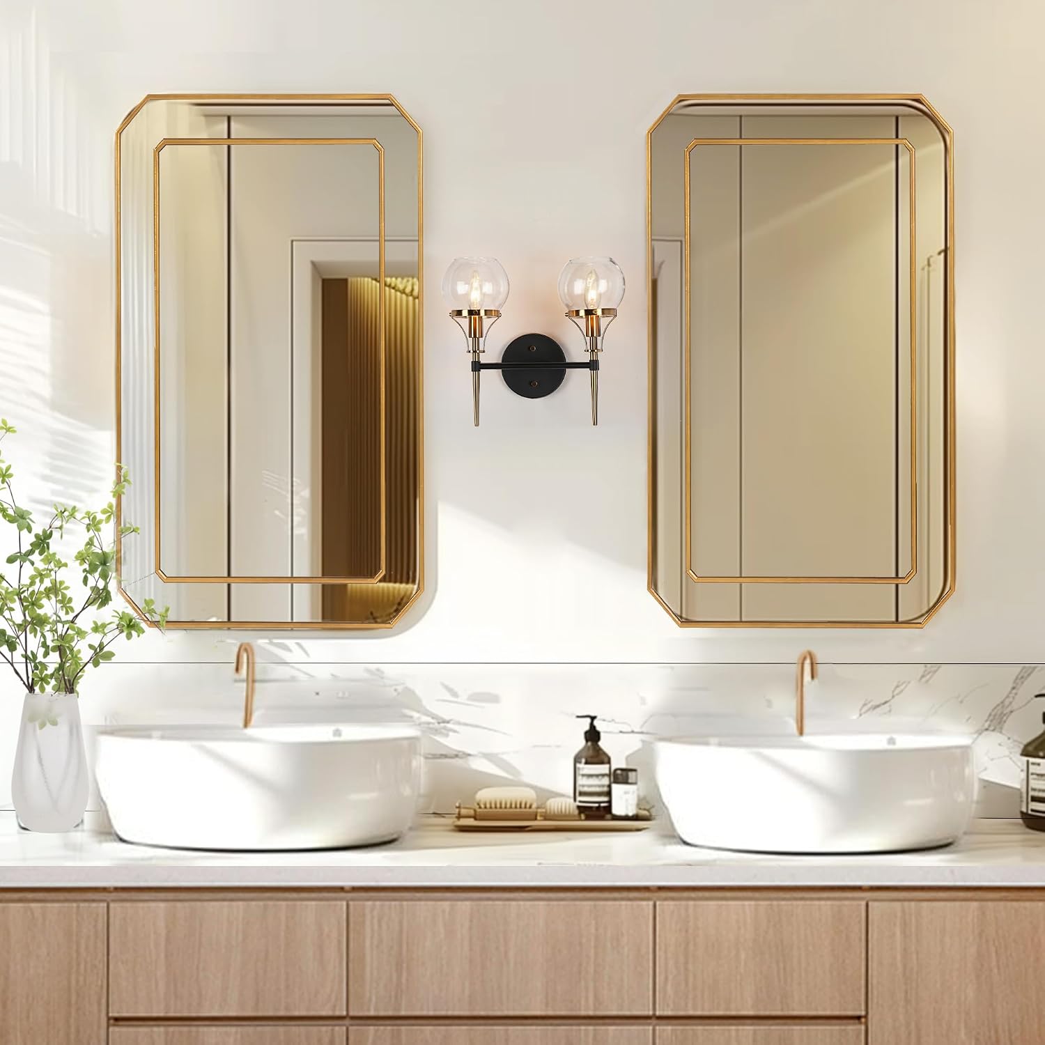 KSANA 2-Light Bathroom Vanity Light, Modern Gold Wall Sconce with Clear Globe Glass, Black & Electroplated Brass Wall Light Fixture for Bathroom, Powder Room, Hallway