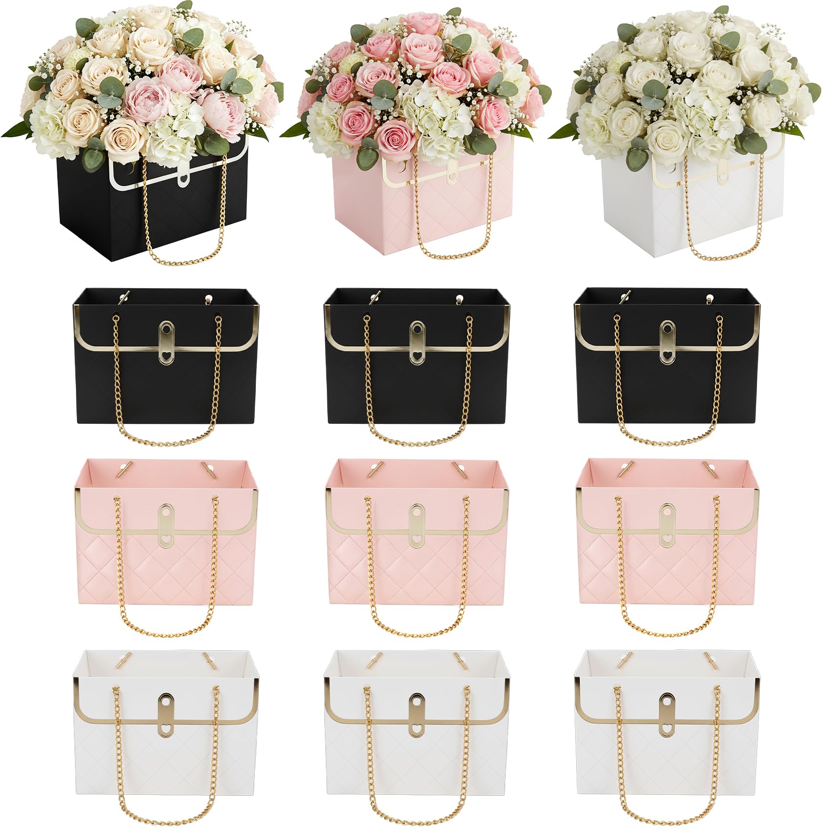 Photo 1 of 12 Pack Flower Paper Gift Bag, Bouquet Storage Bucket Box Paper Flower Handbag Box with Metal Chain Rectangle Mother's Day Flower Bags for Bouquets Wedding Flower Graduation Supplies, Black White Pink