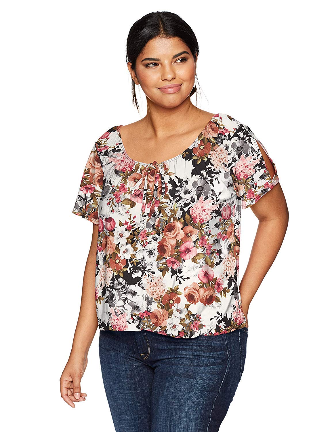 Star Vixen Women's Plus-Size Shrt/Slit SLV Keyhole-Tie Peasant Top w Bubble Hem Blouse, Light Ground Floral, 3X