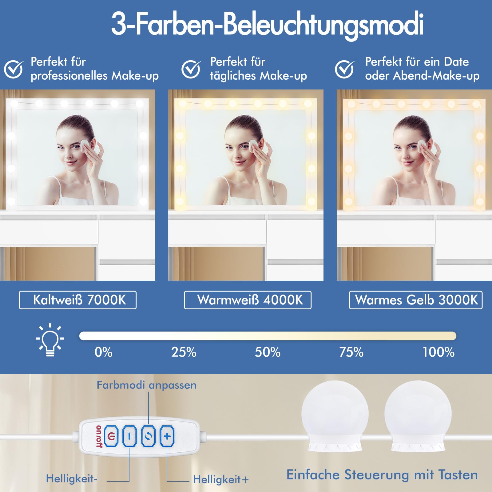 ALFORDSON Schminktisch Spiegel, Makeup Vanity 4 Schubladen und Aufbewahrungshocker, 90 cm Lange Schreibtischplatte, verstellbare LED-Leuchten, Schlafzimmer-Frisiertisch Frauen Mädchen,Weiß