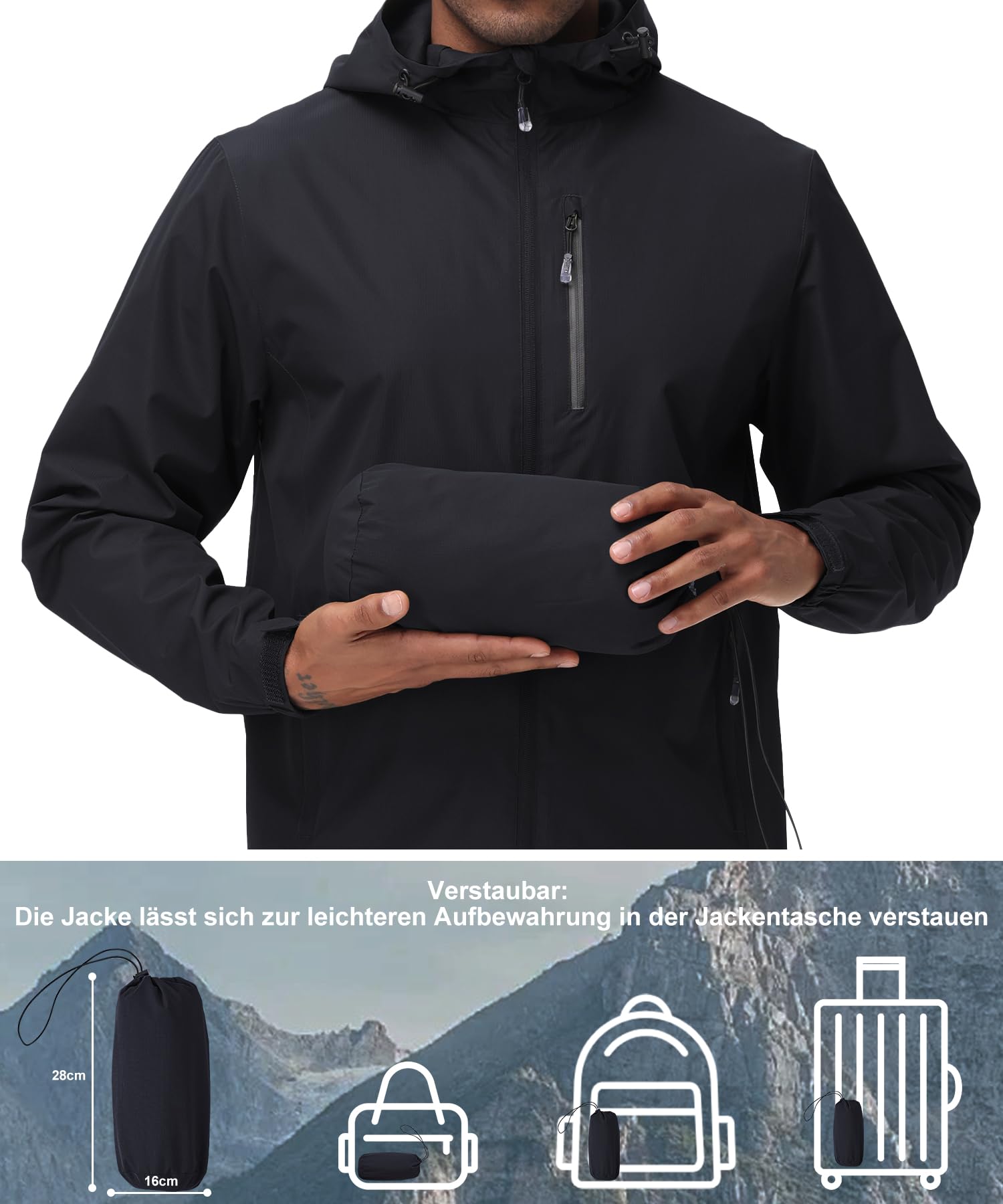 Huayuzh Regenjacke Herren Wasserdicht Leichte Regenmantel Camping Wandern Atmungsaktiv Packbare Softshelljacke mit Kapuze